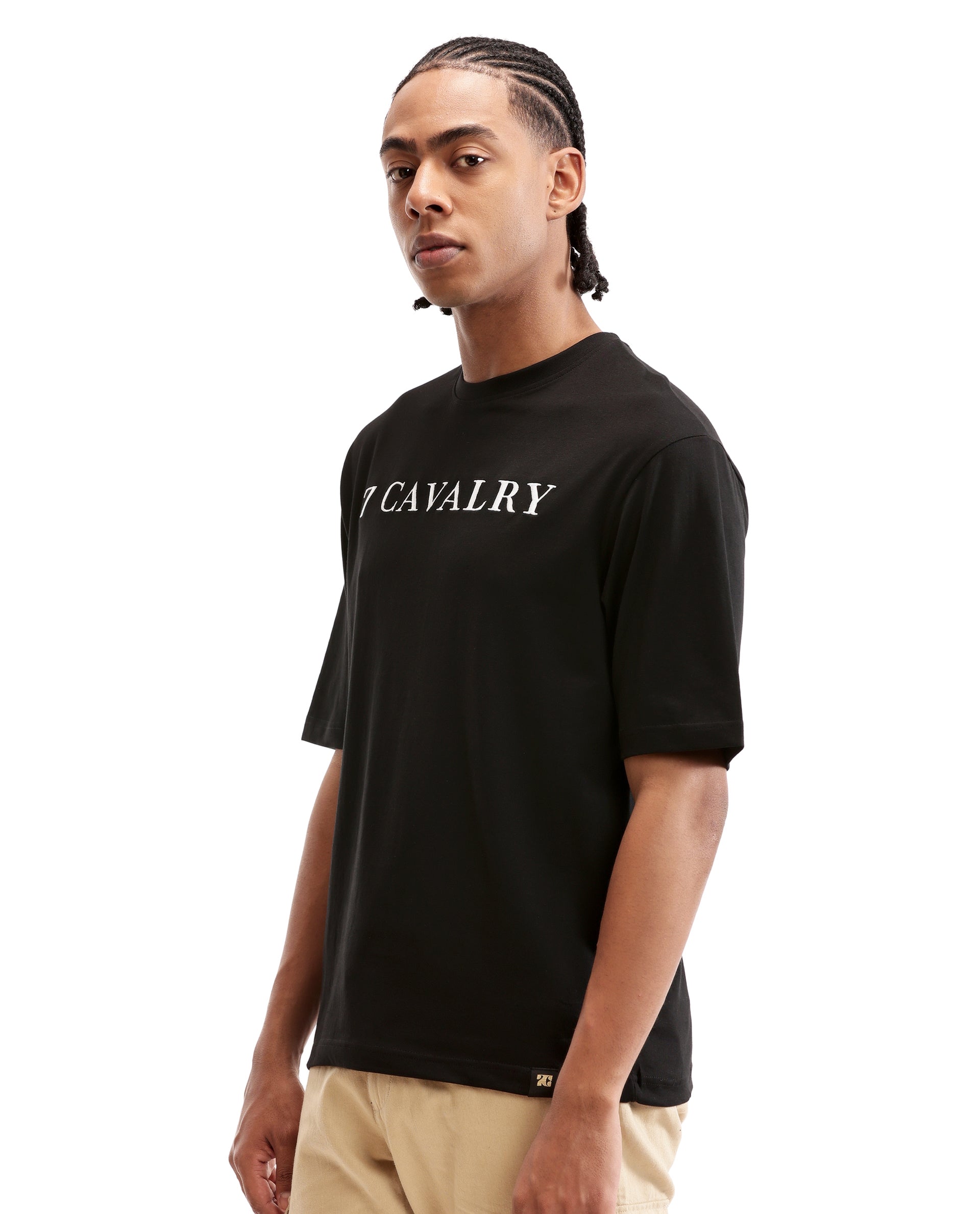 Charcoal Black Single Jersey Crew Neck Oversized T-Shirt with Pure White Embroidery