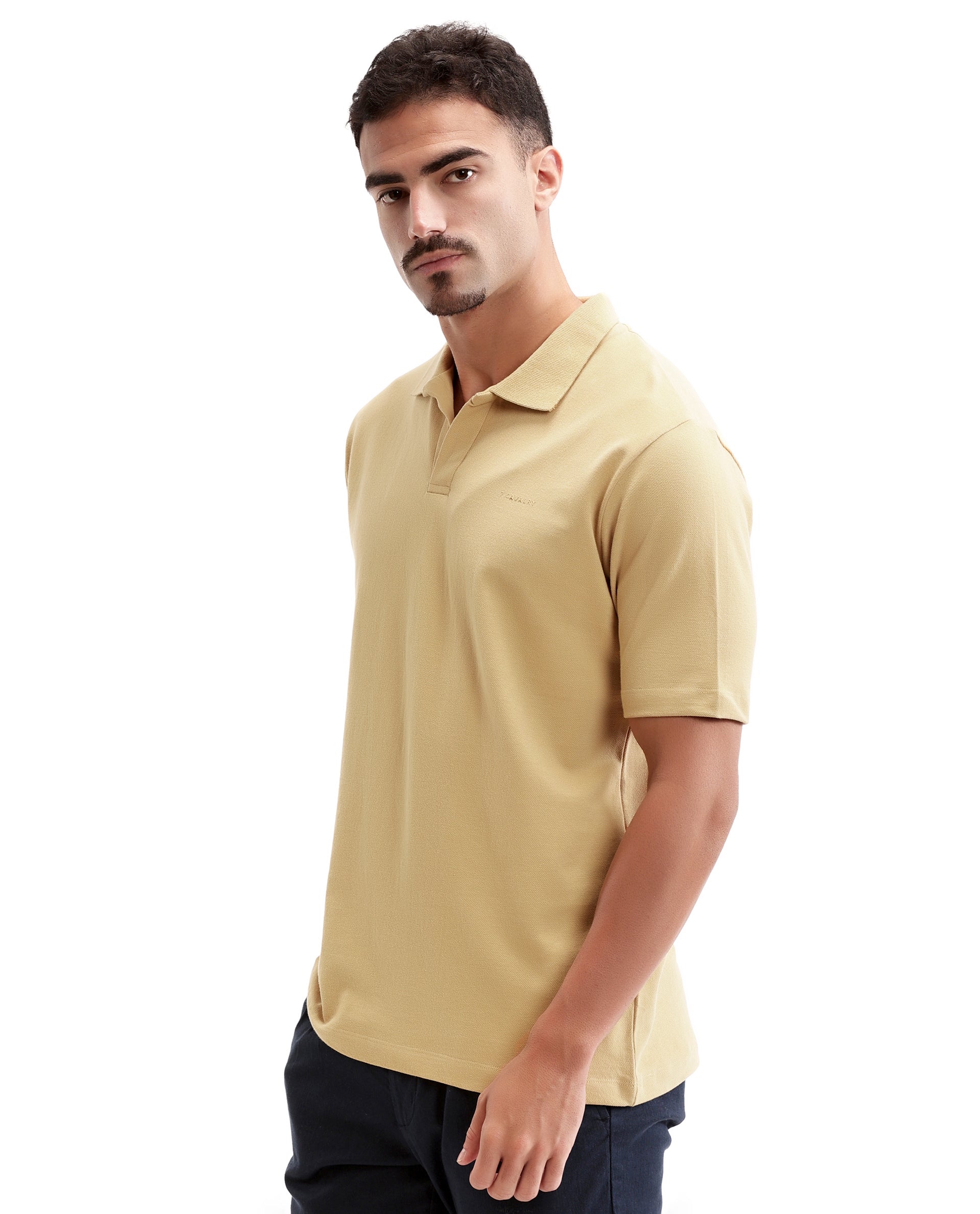 Camel Beige Pique Johnny Collar Polo with HD Print