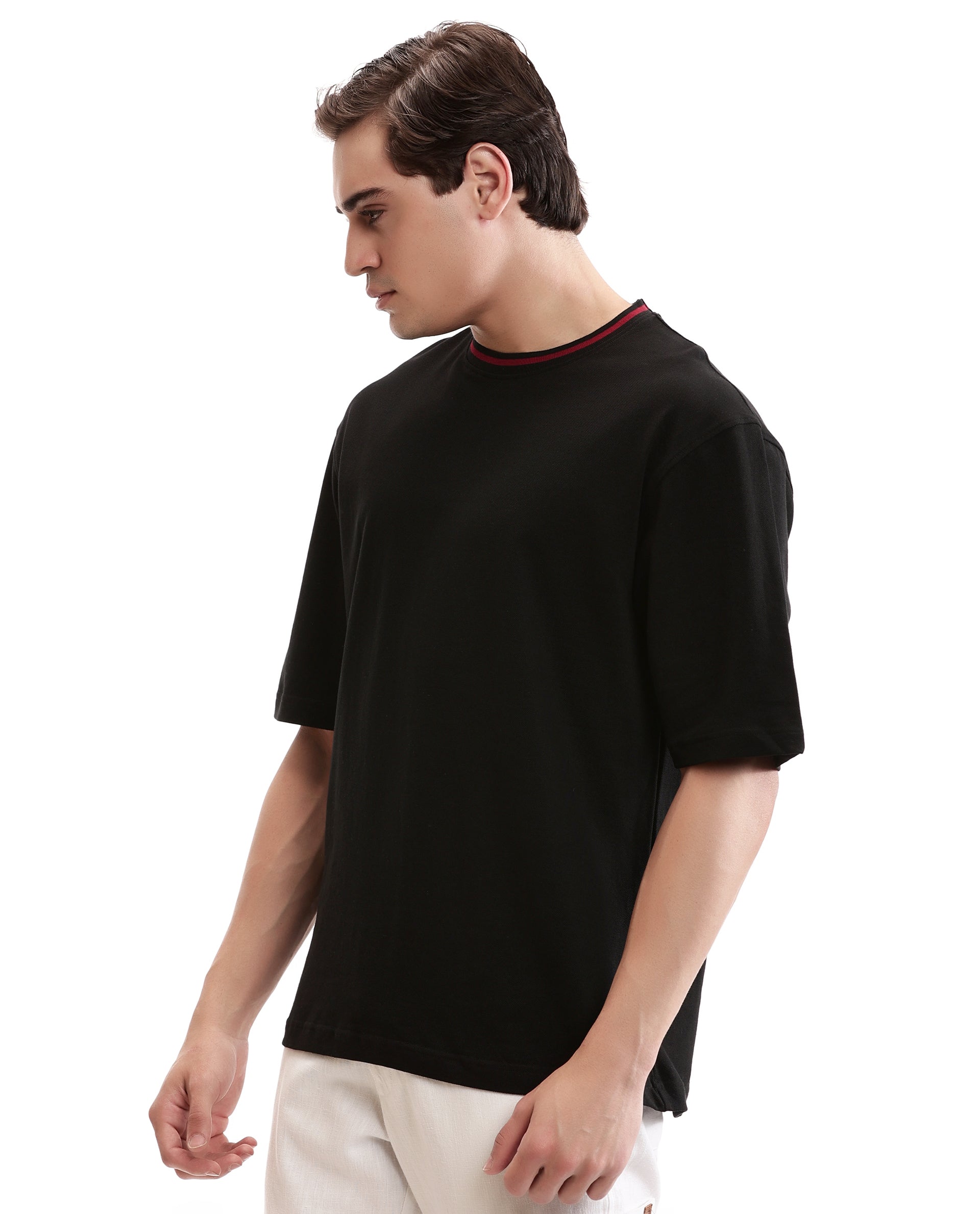 Charcoal Black Pique Crew Neck Oversized T-Shirt with Bordeaux Maroon Piping