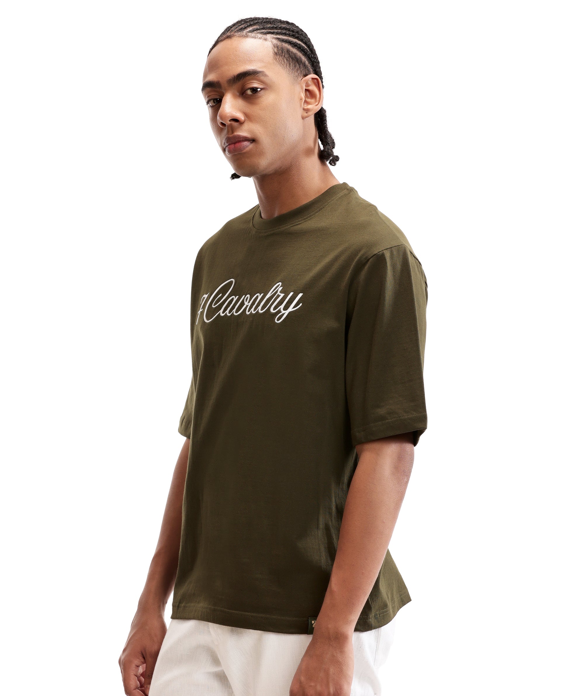 Vintage Olive Single Jersey Crew Neck Oversized T-Shirt with Pure White Embroidery