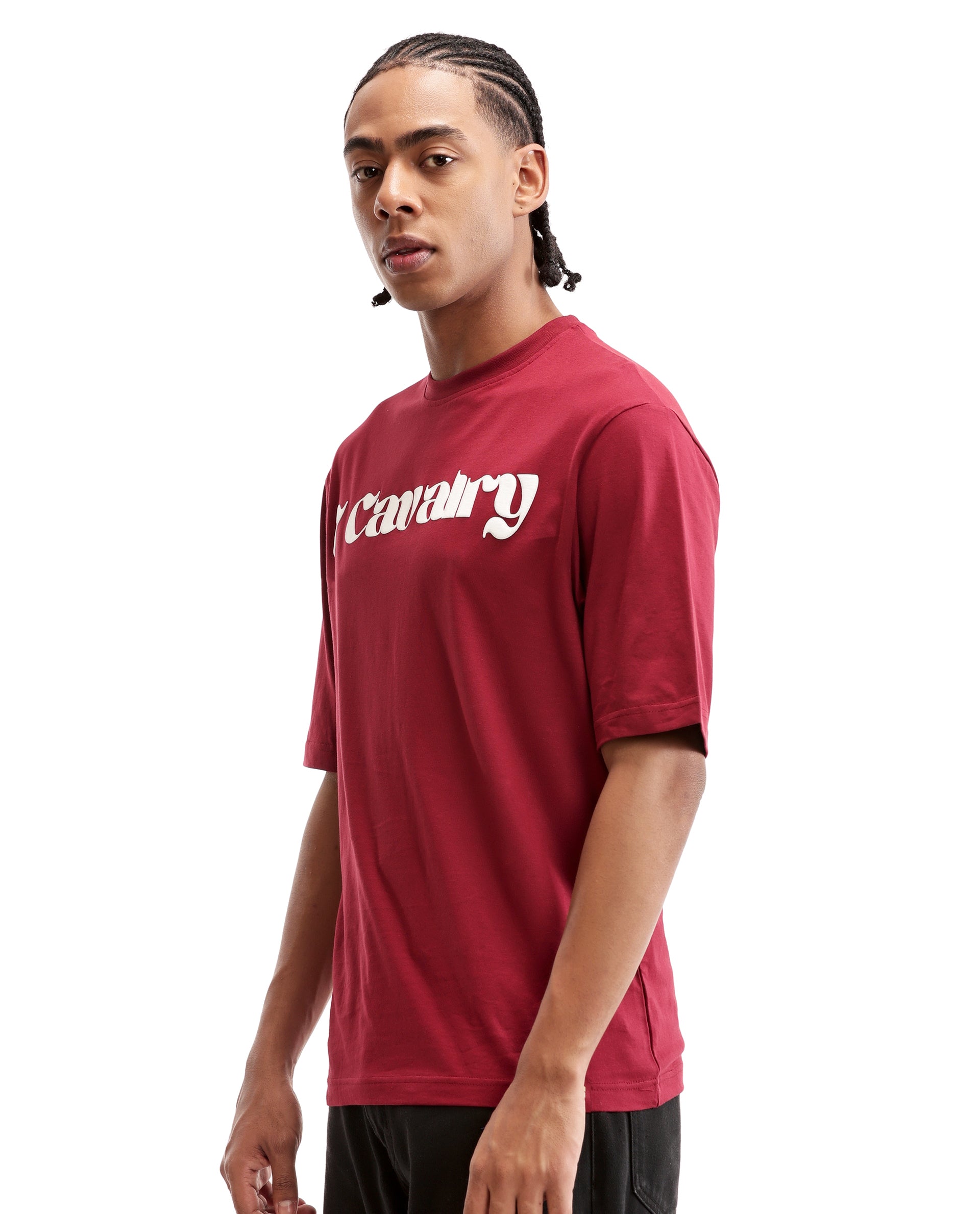 Bordeaux Maroon Single Jersey Crew Neck Oversized T-Shirt with Pure White Puff Print