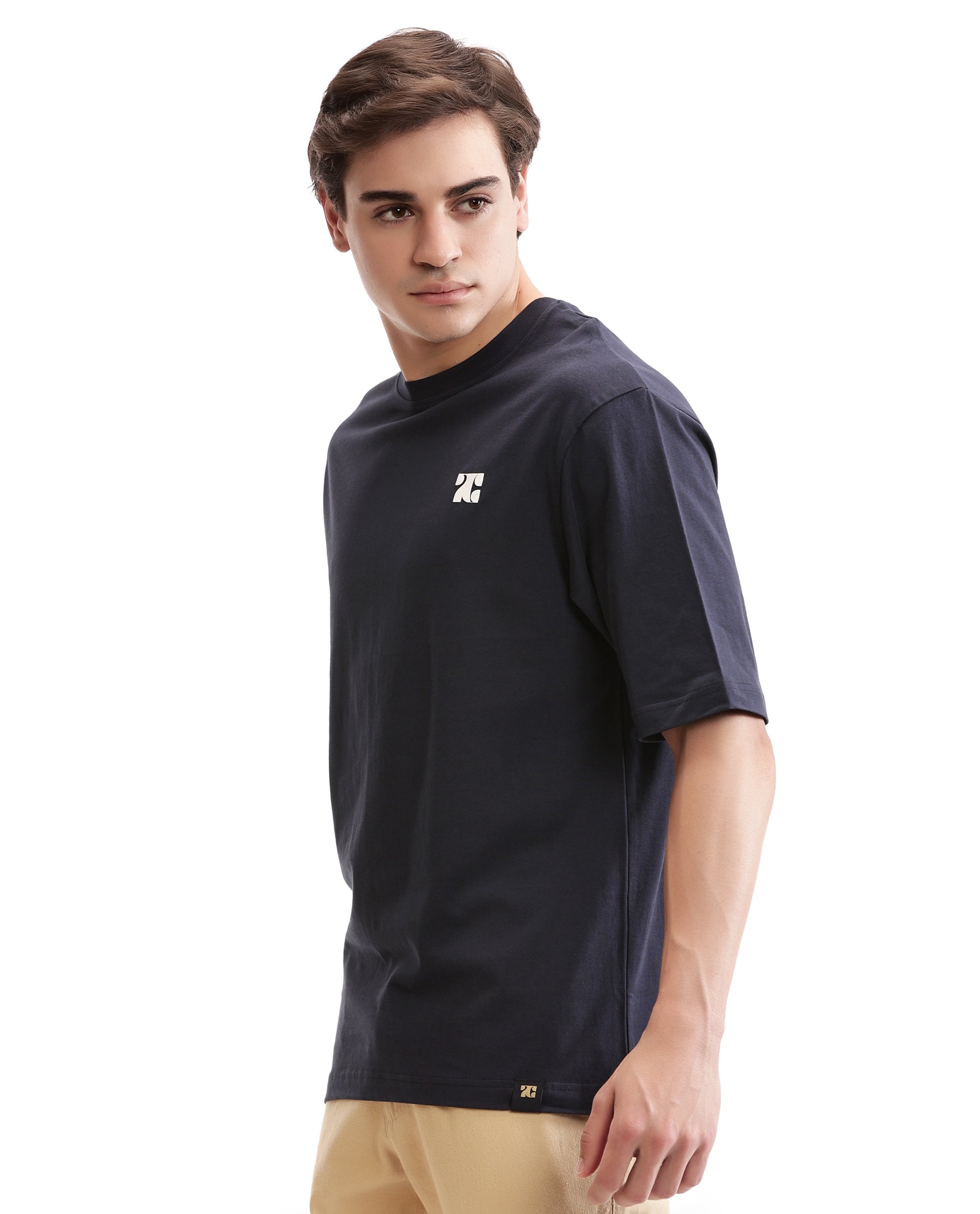 Midnight Navy Blue Single Jersey Crew Neck Oversized T-Shirt with Pure White HD Print