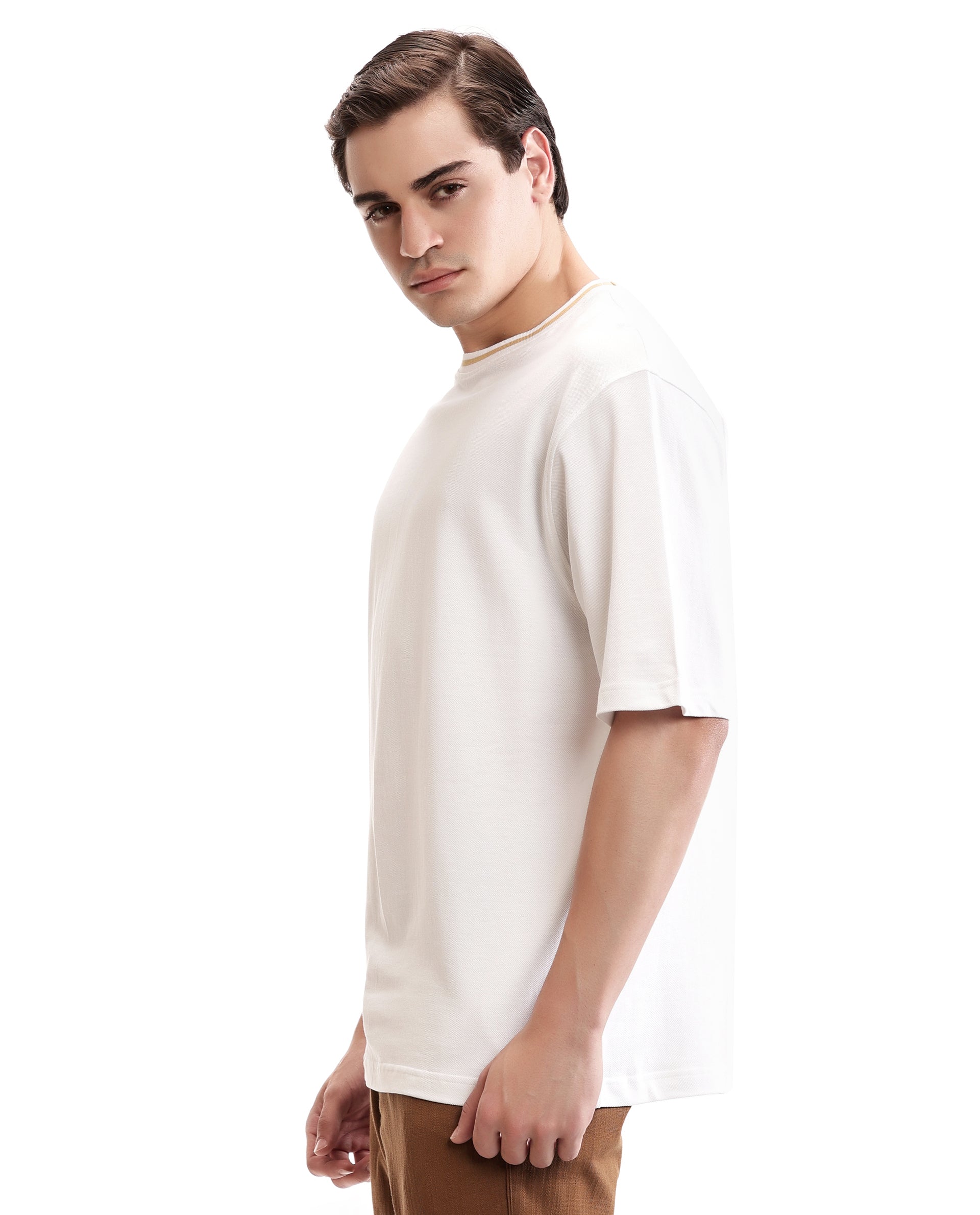 Pure White Pique Crew Neck Oversized T-Shirt with Camel Beige Piping