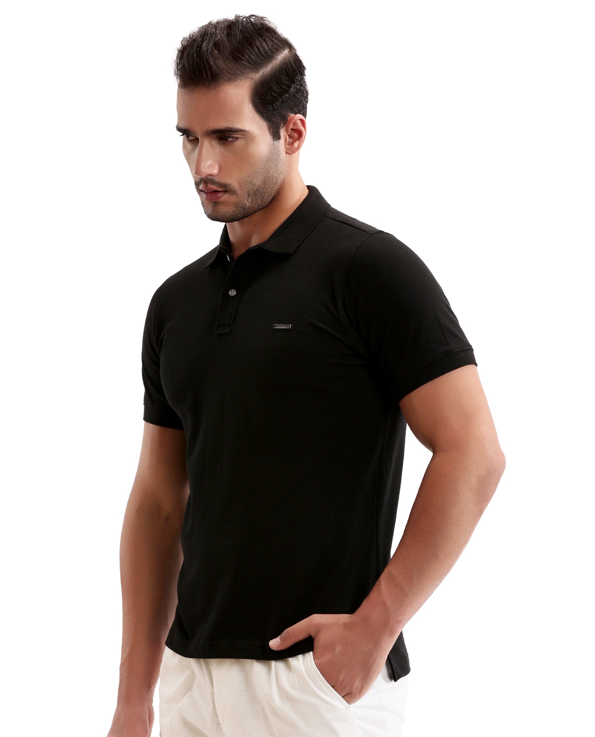 Charcoal Black Pique Polo with Metal Buttons, 7C Metal Badge