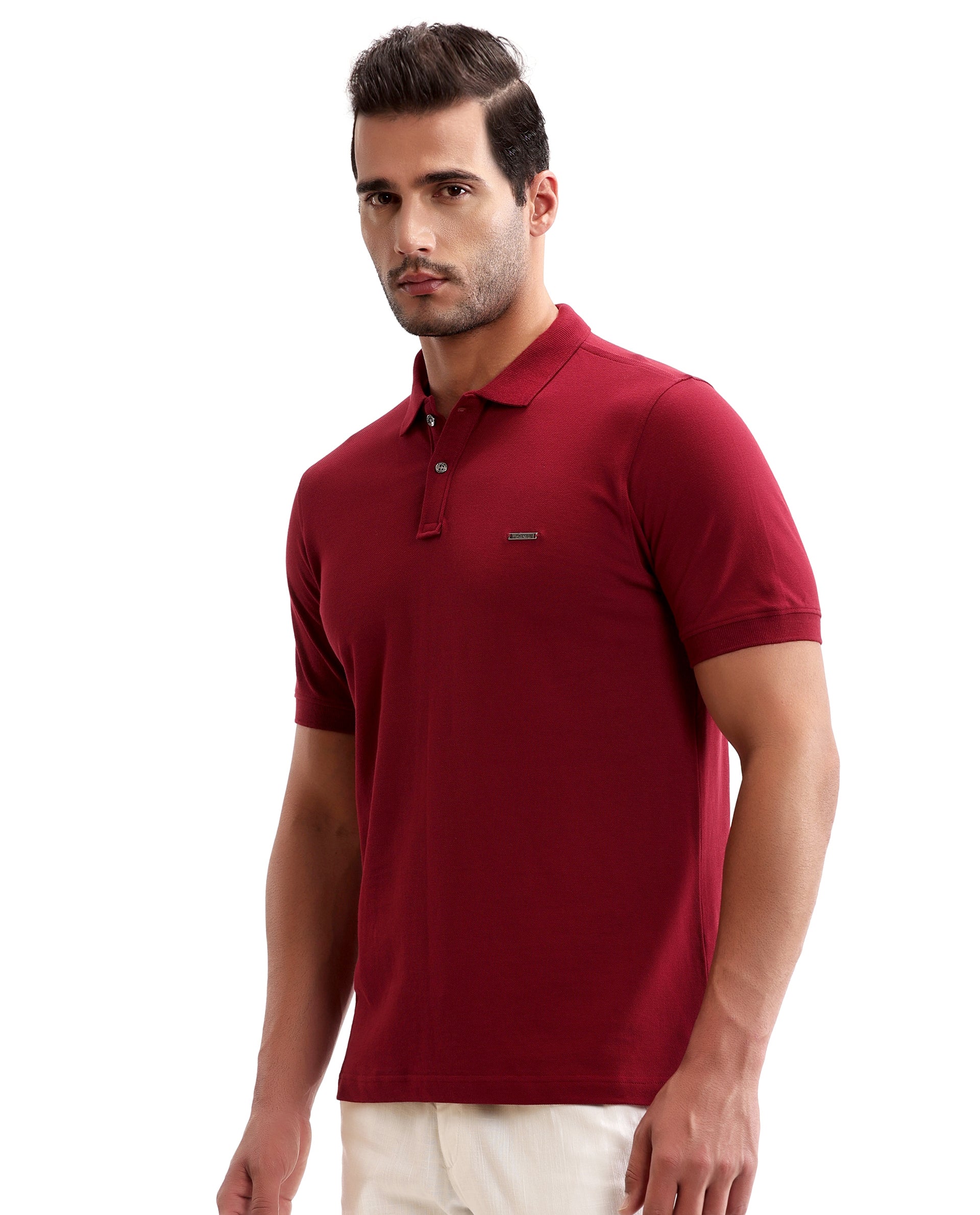 Bordeaux Maroon Pique Polo with Metal Buttons, 7C Metal Badge