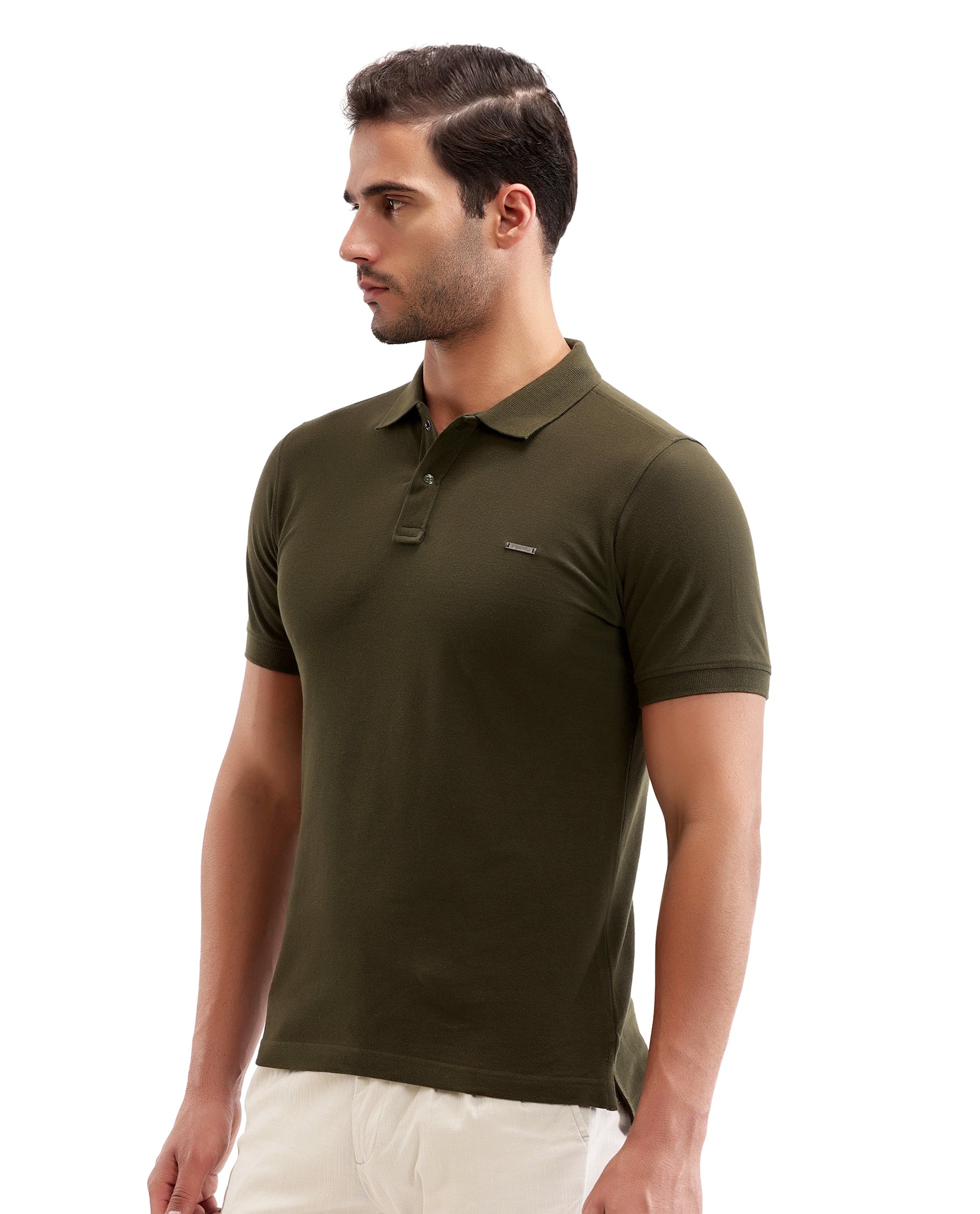 Vintage Olive Pique Polo with 7C Snap Buttons, Metal Badge
