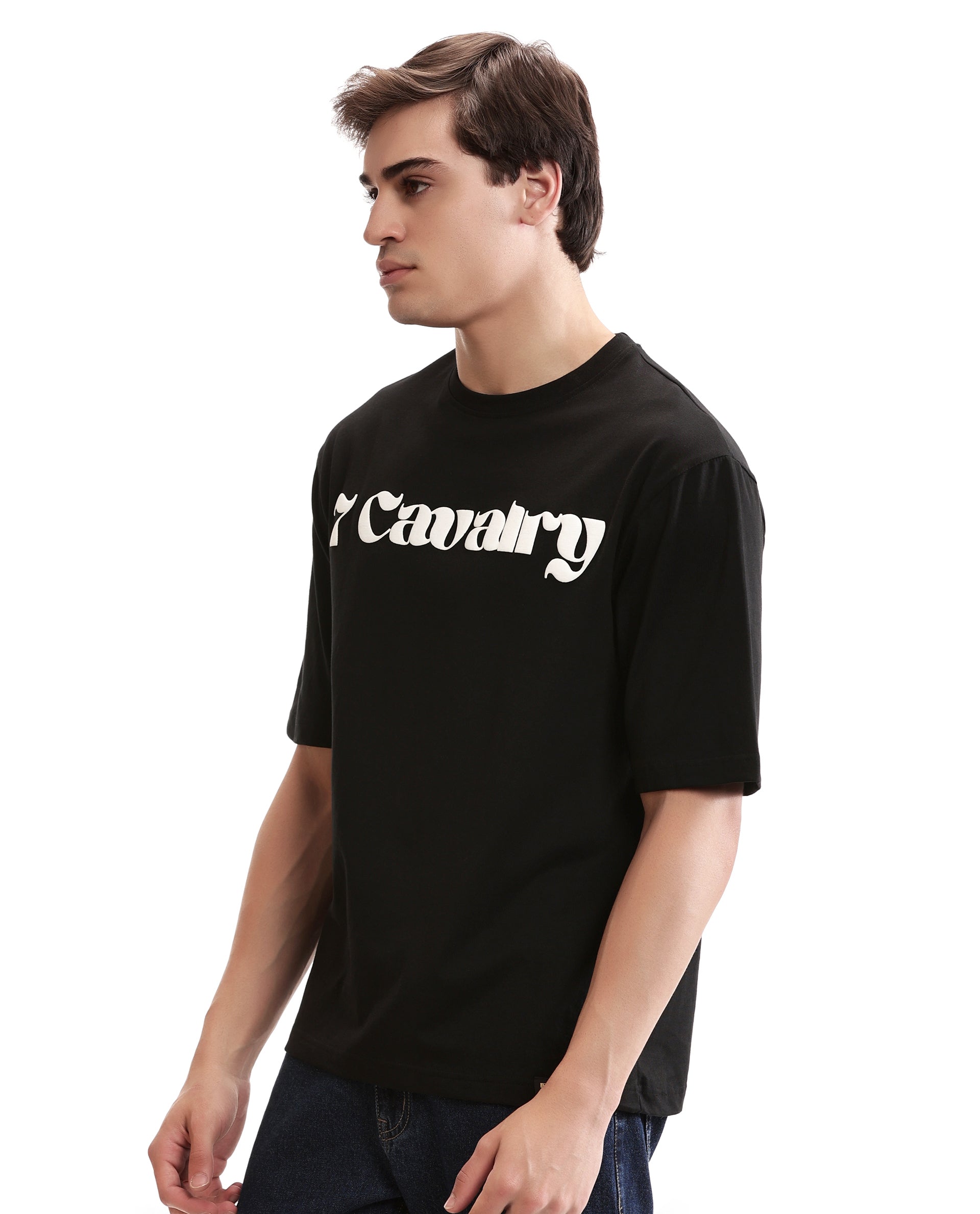 Charcoal Black Single Jersey Crew Neck Oversized T-Shirt with Pure White Puff Print