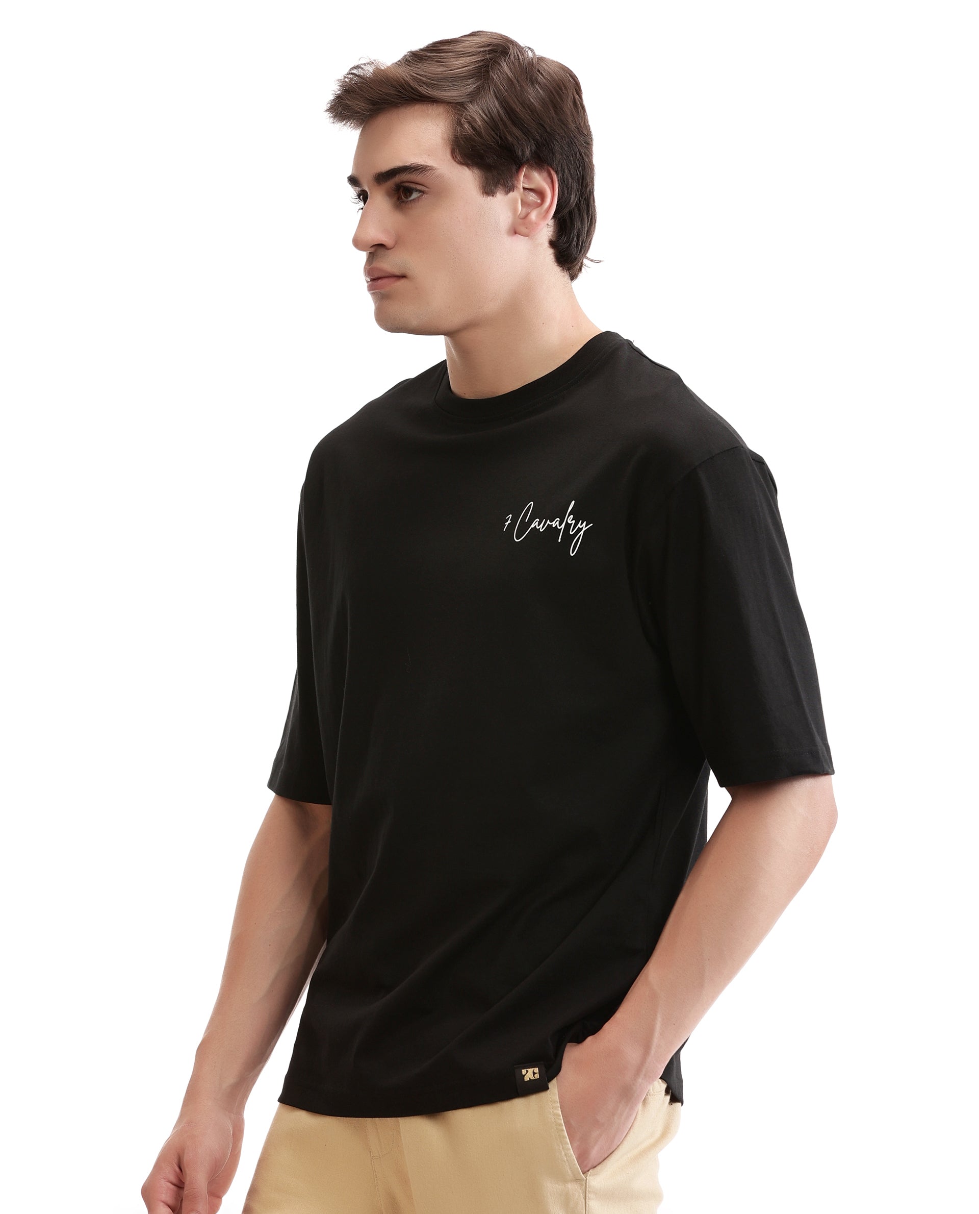 Charcoal Black Single Jersey Crew Neck Oversized T-Shirt with Pure White Non-PVC Print