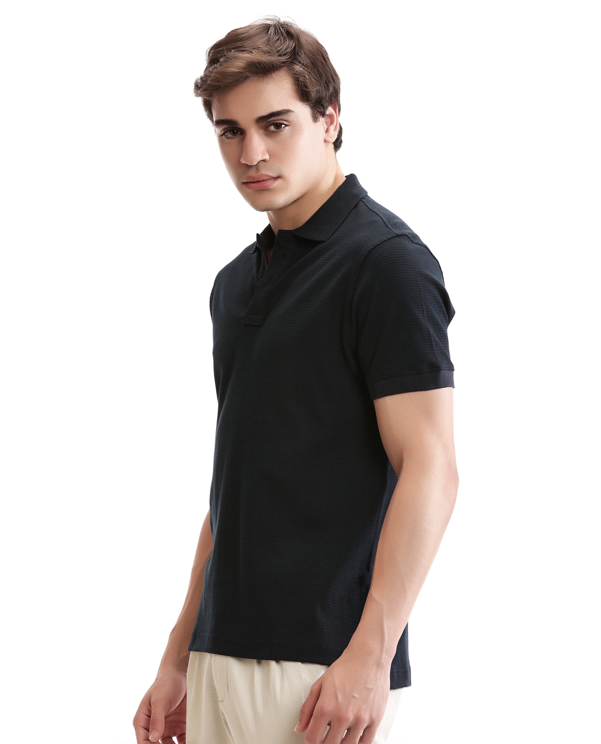 Midnight Navy Blue Knitted Waffle Polo with Ribbed Collar