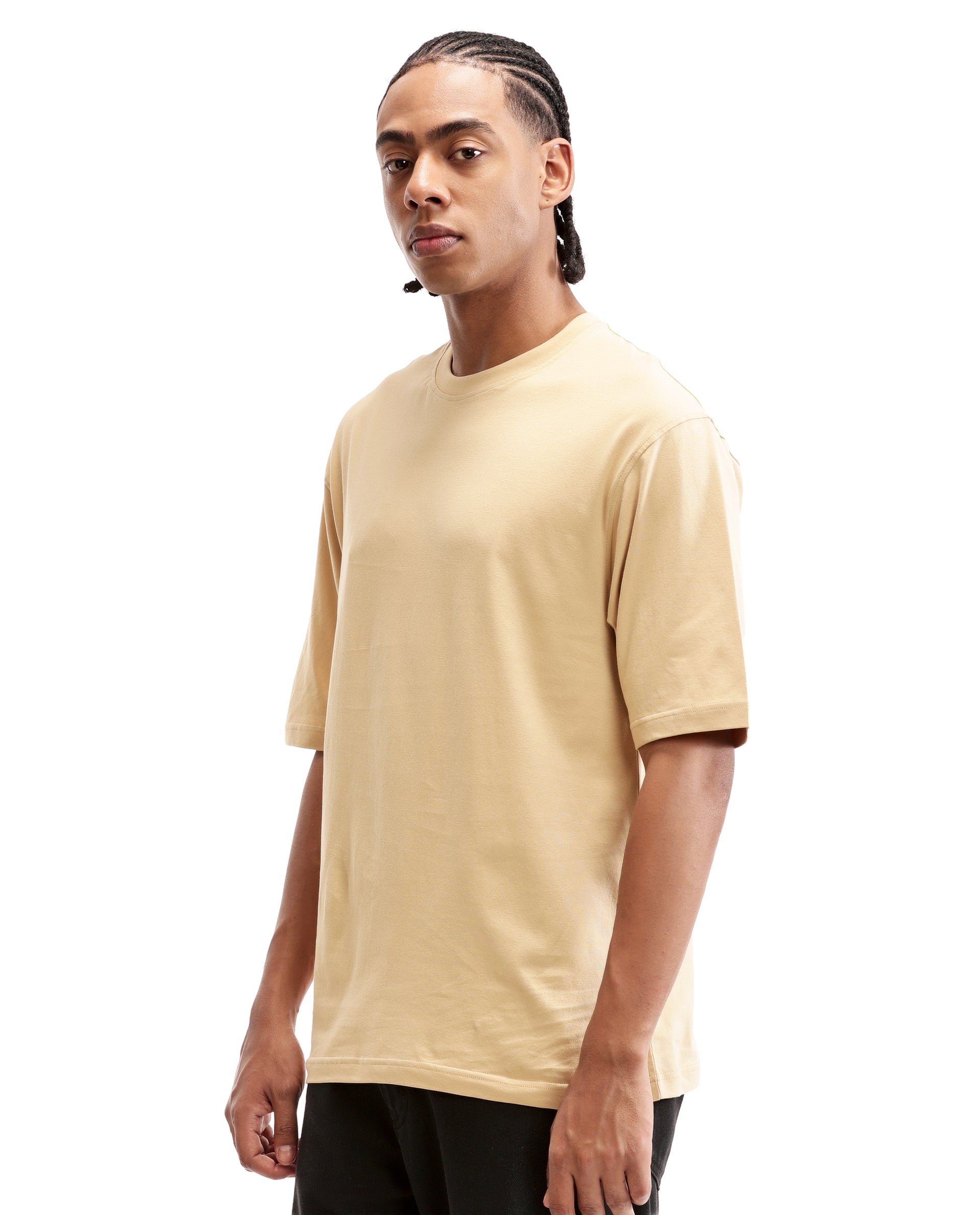 Camel Beige Single Jersey Crew Neck Oversized T-Shirt