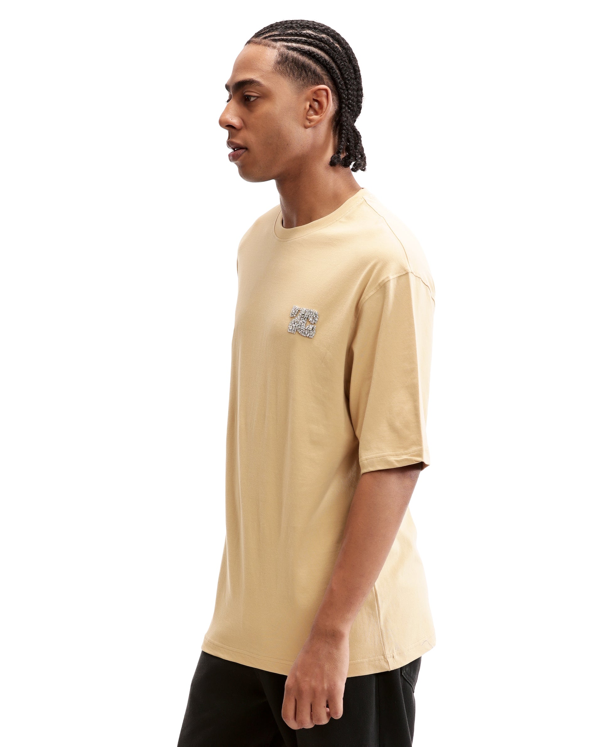 Camel Beige Single Jersey Crew Neck Oversized T-Shirt with Crystal Finish Rhinestones