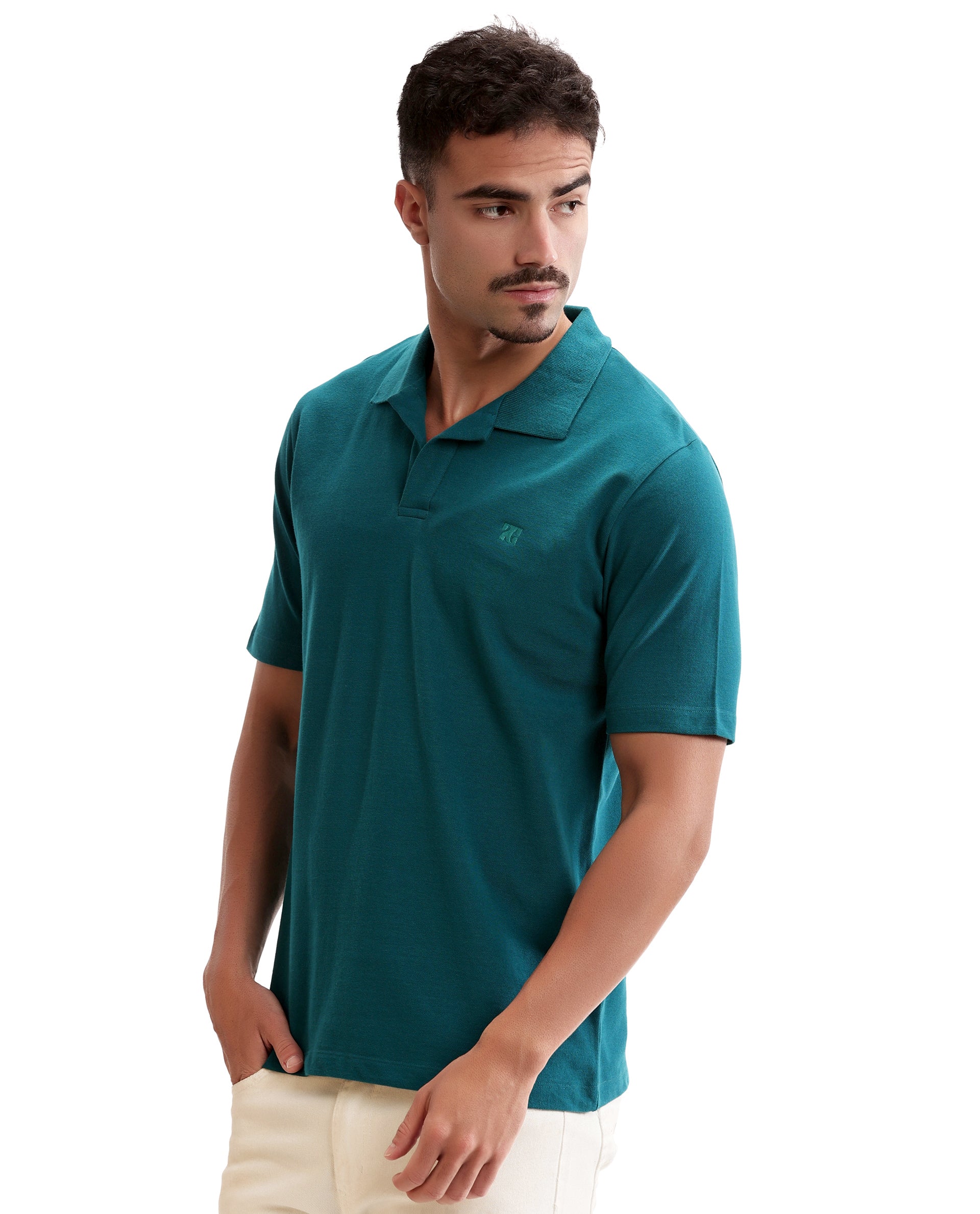 Ocean Teal Johnny Collar Pique Polo with Tone-on-Tone 7C Embroidery