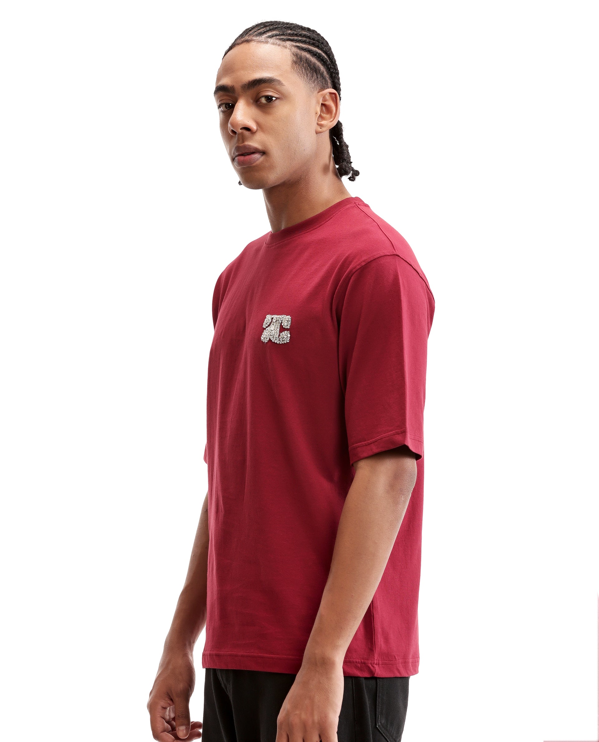 Bordeaux Maroon Single Jersey Crew Neck Oversized T-Shirt with Crystal Finish Rhinestones