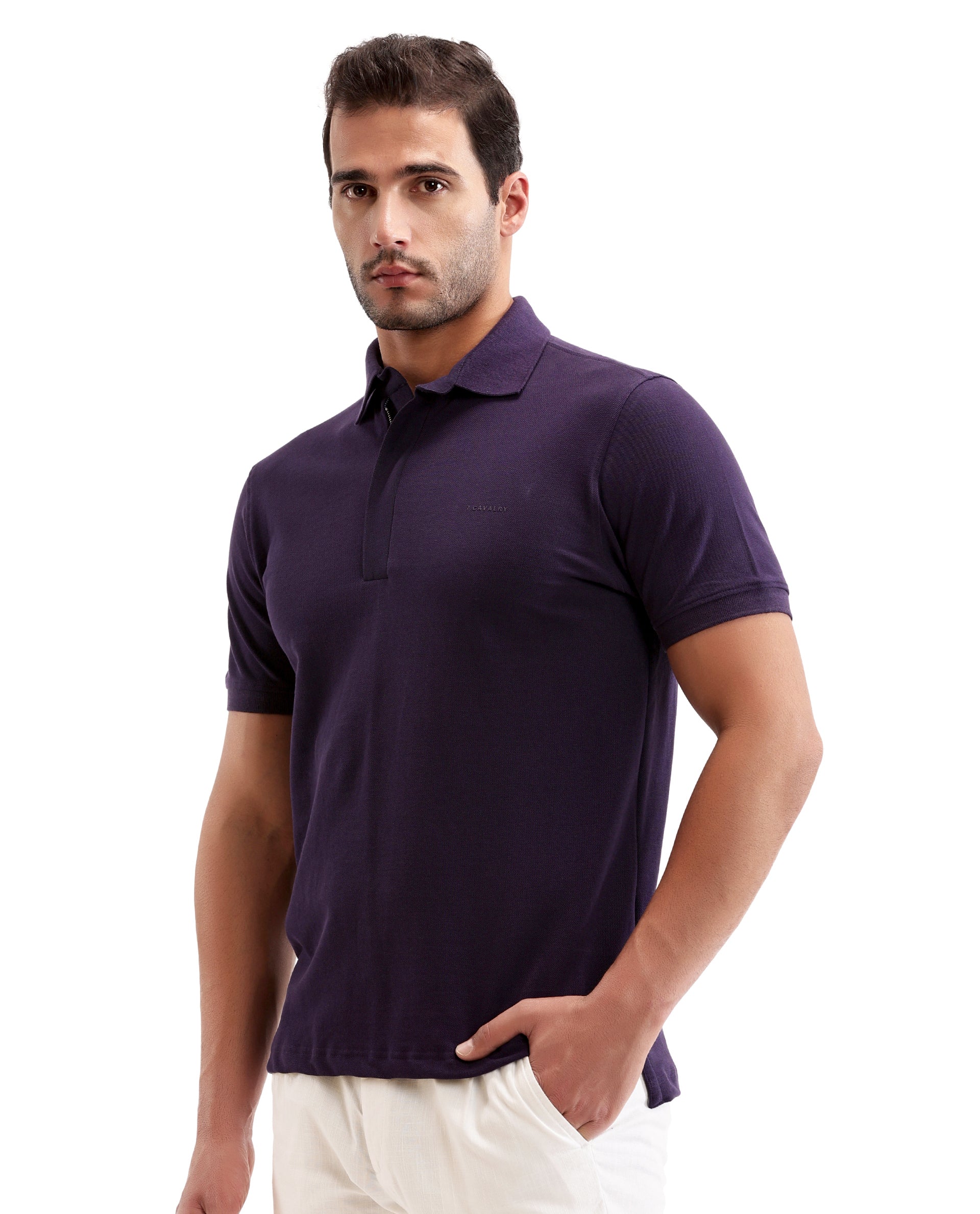 Deep Purple Pique Polo with Concealed 7C Metal Zip, HD Print