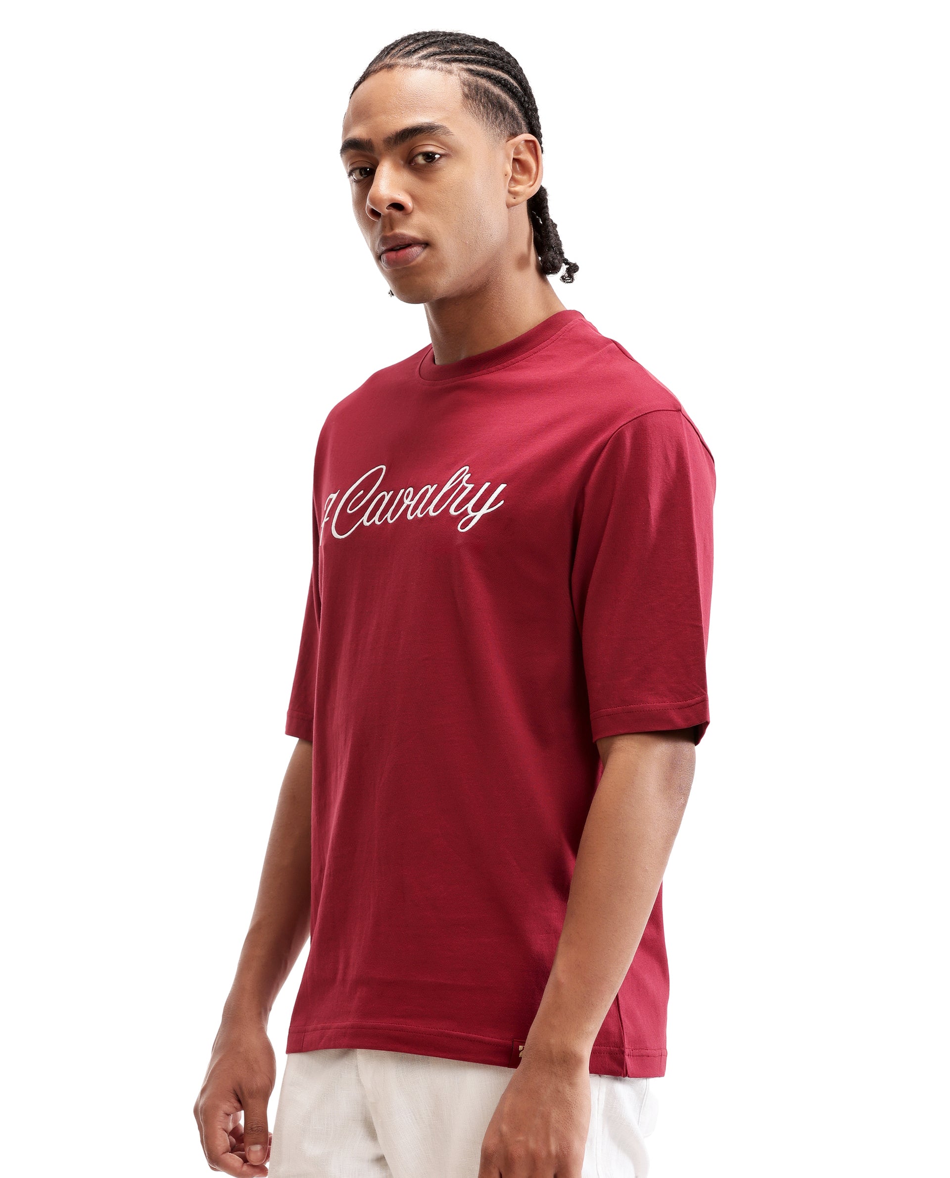 Bordeaux Maroon Single Jersey Crew Neck Oversized T-Shirt with Pure White Embroidery