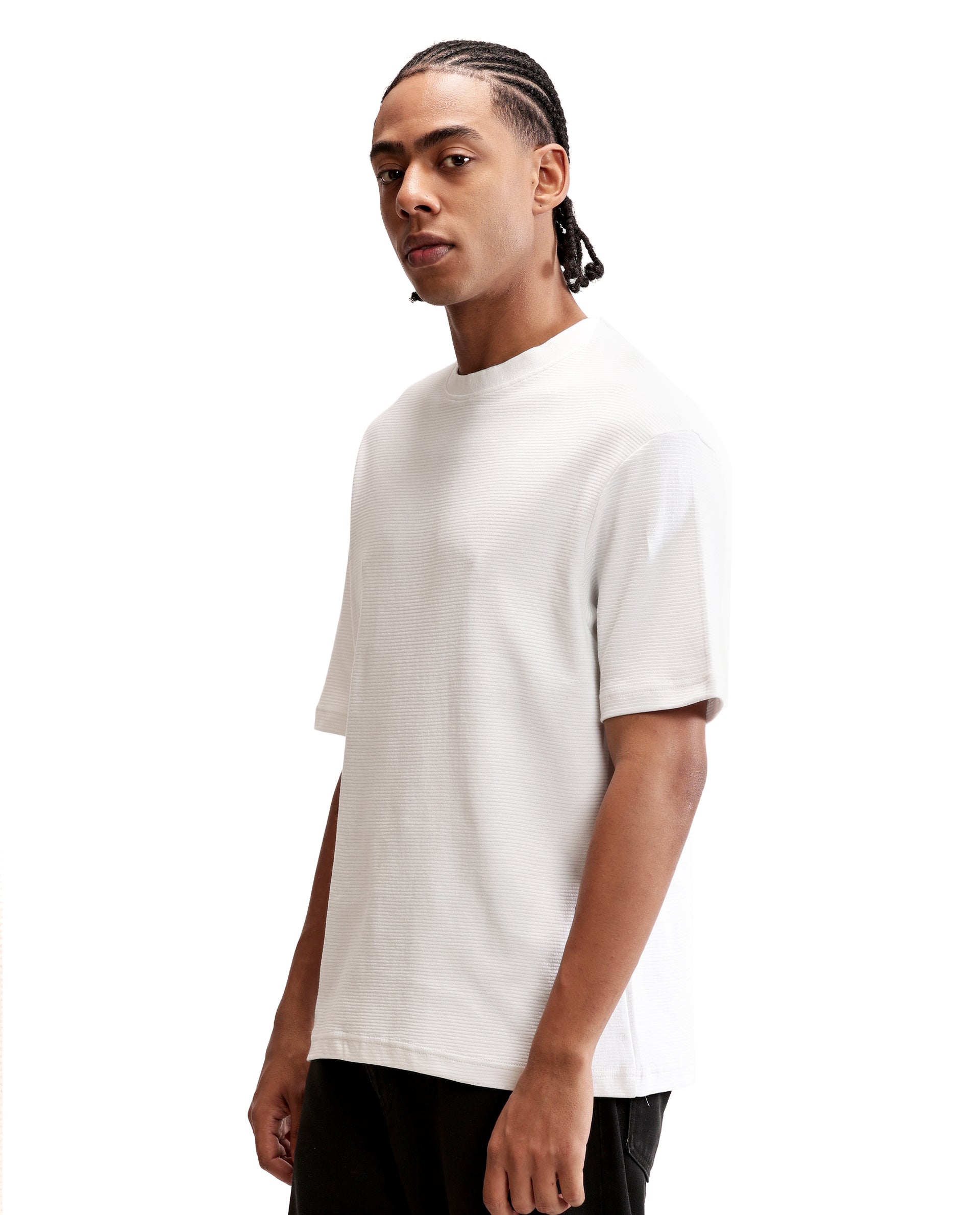 Pure White Knitted Ottoman Crew Neck Oversized T-Shirt