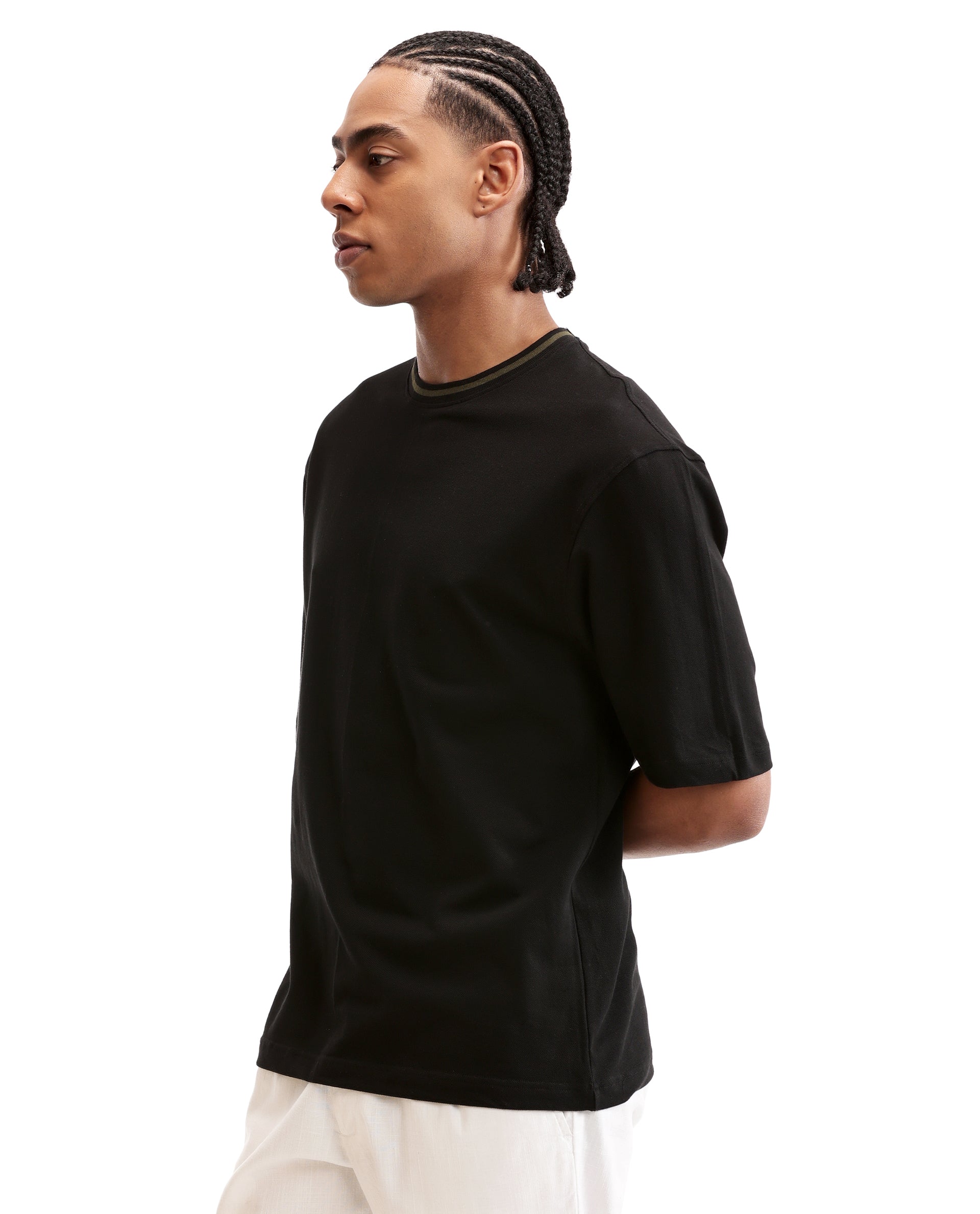Charcoal Black Pique Crew Neck Oversized T-Shirt with Vintage Olive Piping