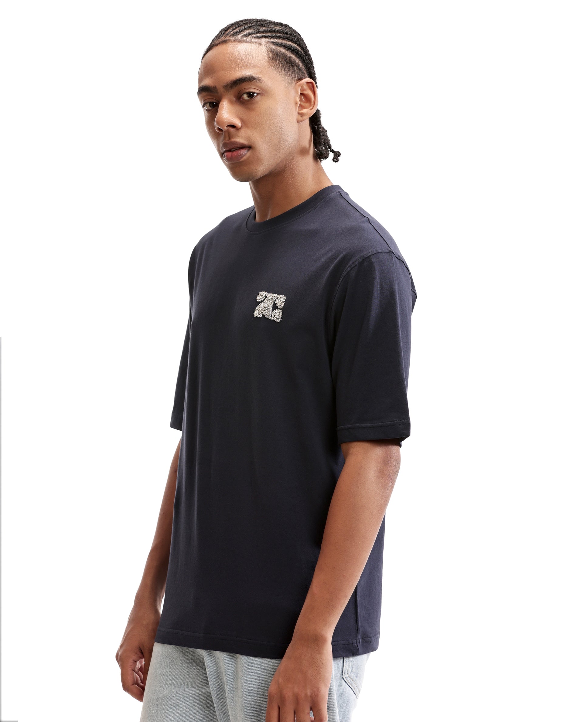 Midnight Navy Blue Single Jersey Crew Neck Oversized T-Shirt with Crystal Finish Rhinestones