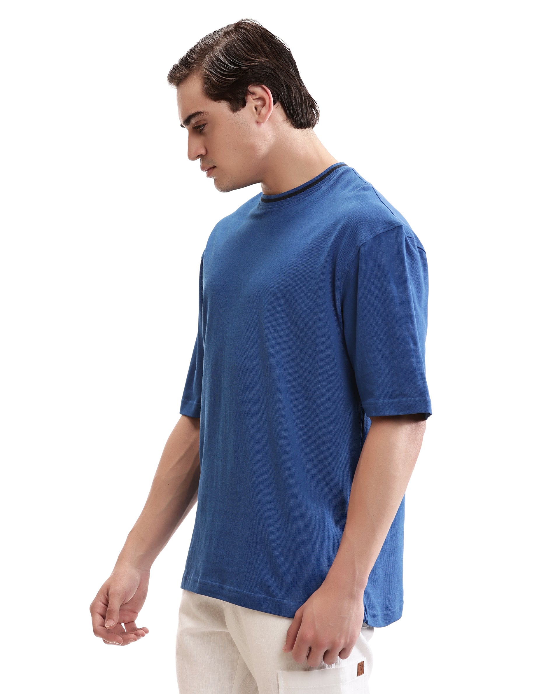 Imperial Prussian Blue Pique Crew Neck Oversized T-Shirt with Midnight Navy Blue Piping
