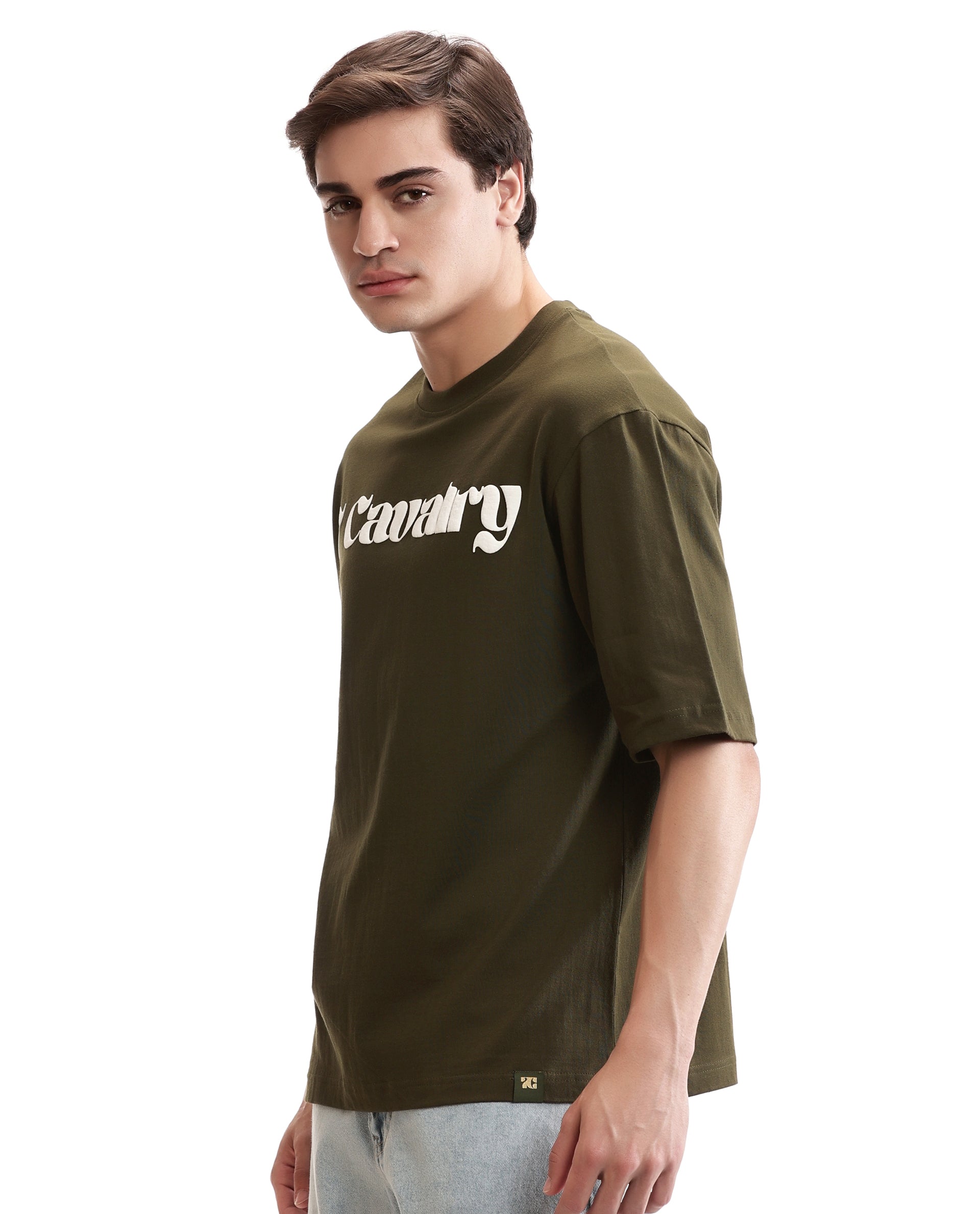 Vintage Olive Single Jersey Crew Neck Oversized T-Shirt with Pure White Puff Print