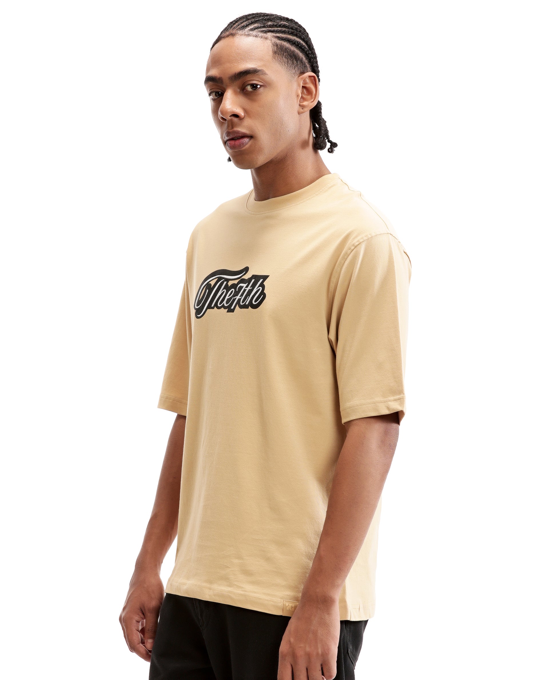 Camel Beige Single Jersey Crew Neck Oversized T-Shirt with Black Print & Pure White 7C Embroidery