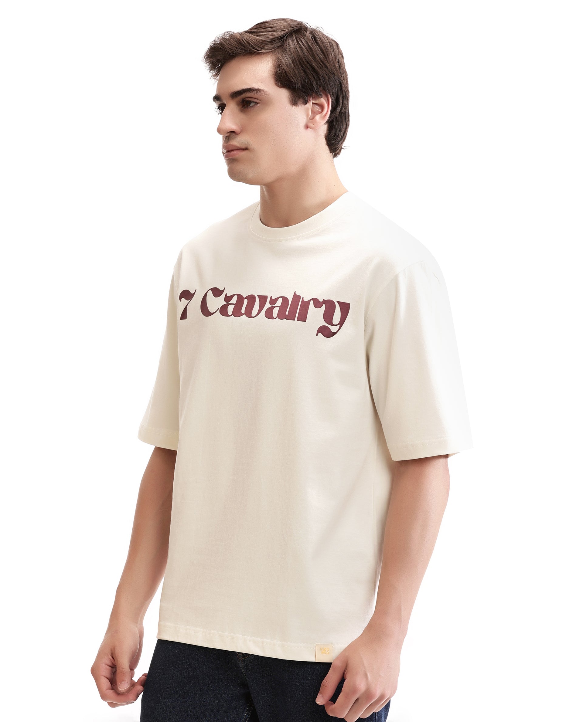 Ivory White Single Jersey Crew Neck Oversized T-Shirt with Bordeaux Maroon Puff Print