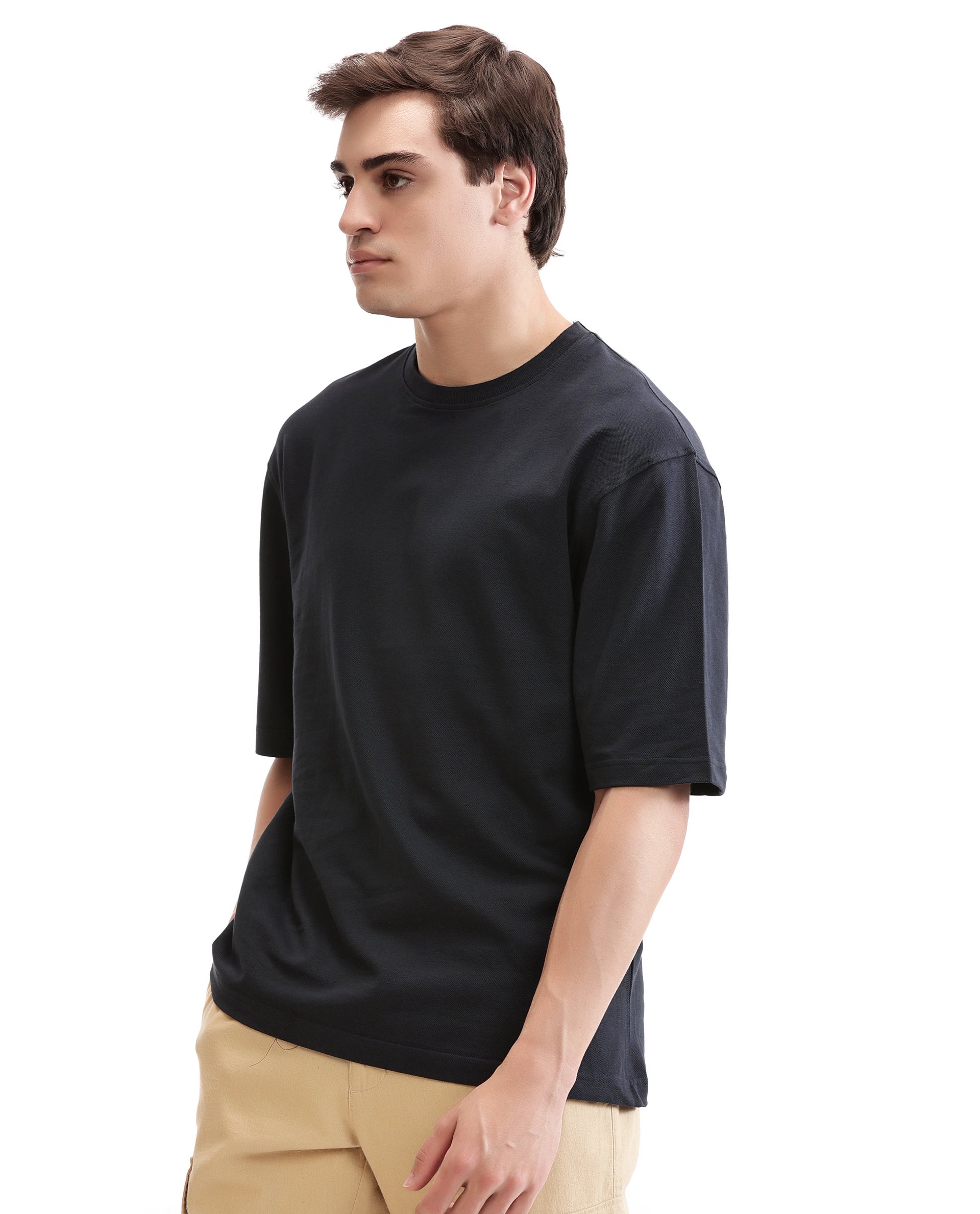 Midnight Navy Blue Pique Crew Neck Oversized T-Shirt