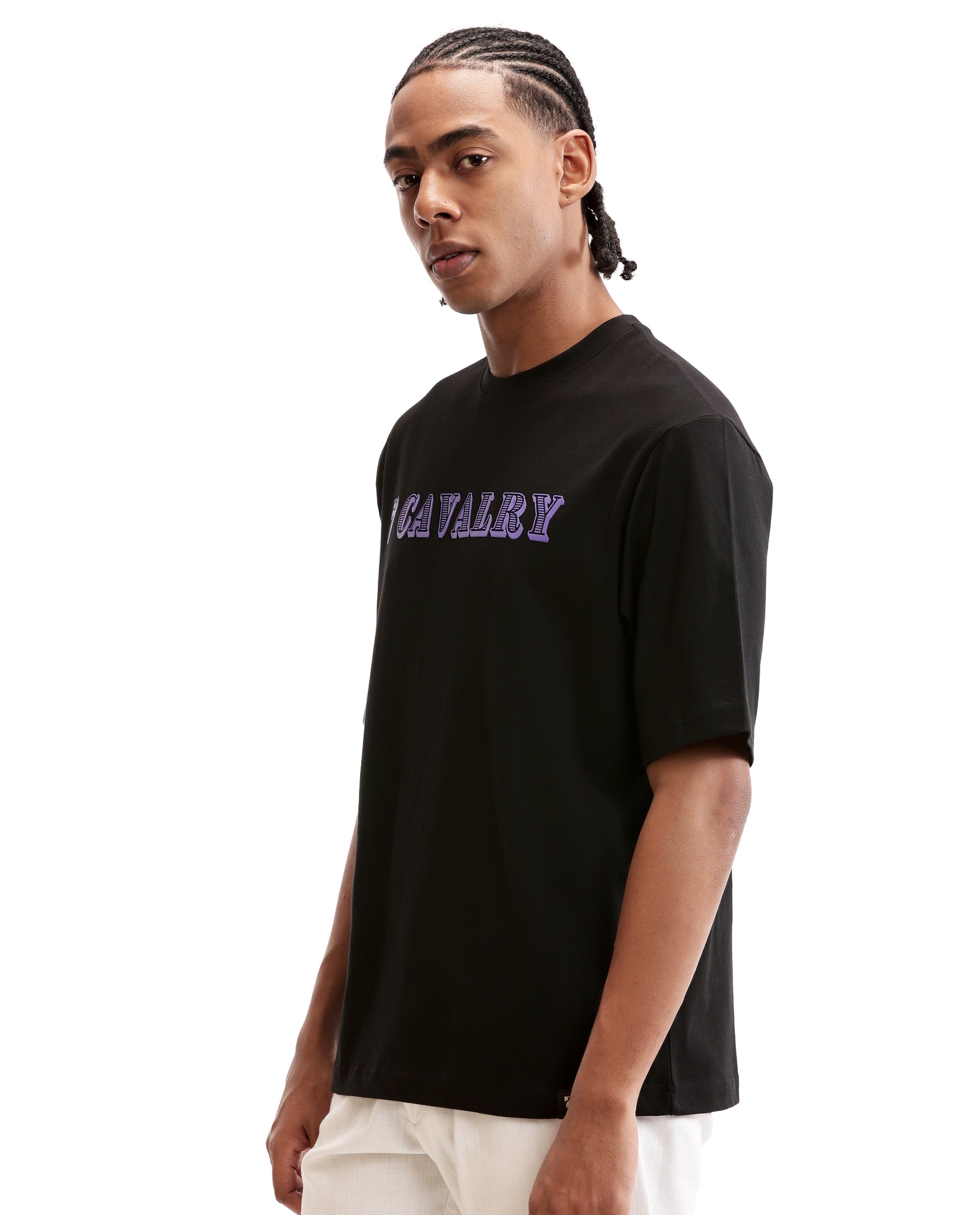 Charcoal Black Single Jersey Crew Neck Oversized T-Shirt with Deep Purple HD Print
