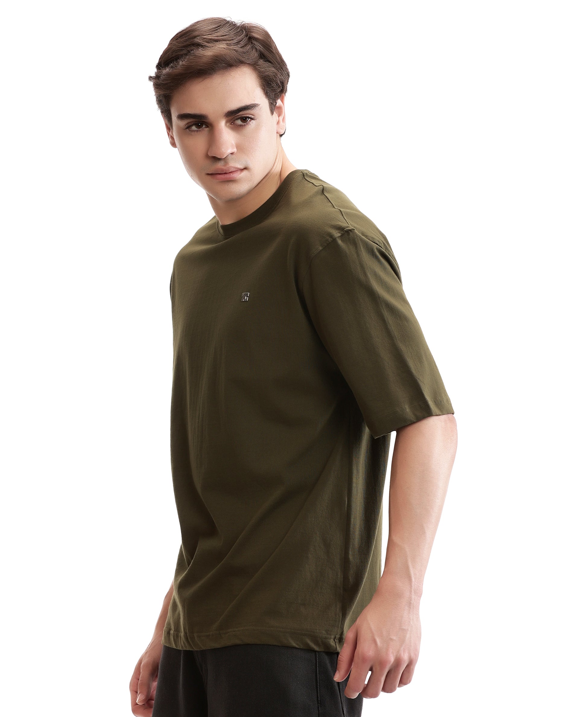 Vintage Olive Single Jersey Crew Neck Oversized T-Shirt with 7C Gun Metal Insignia