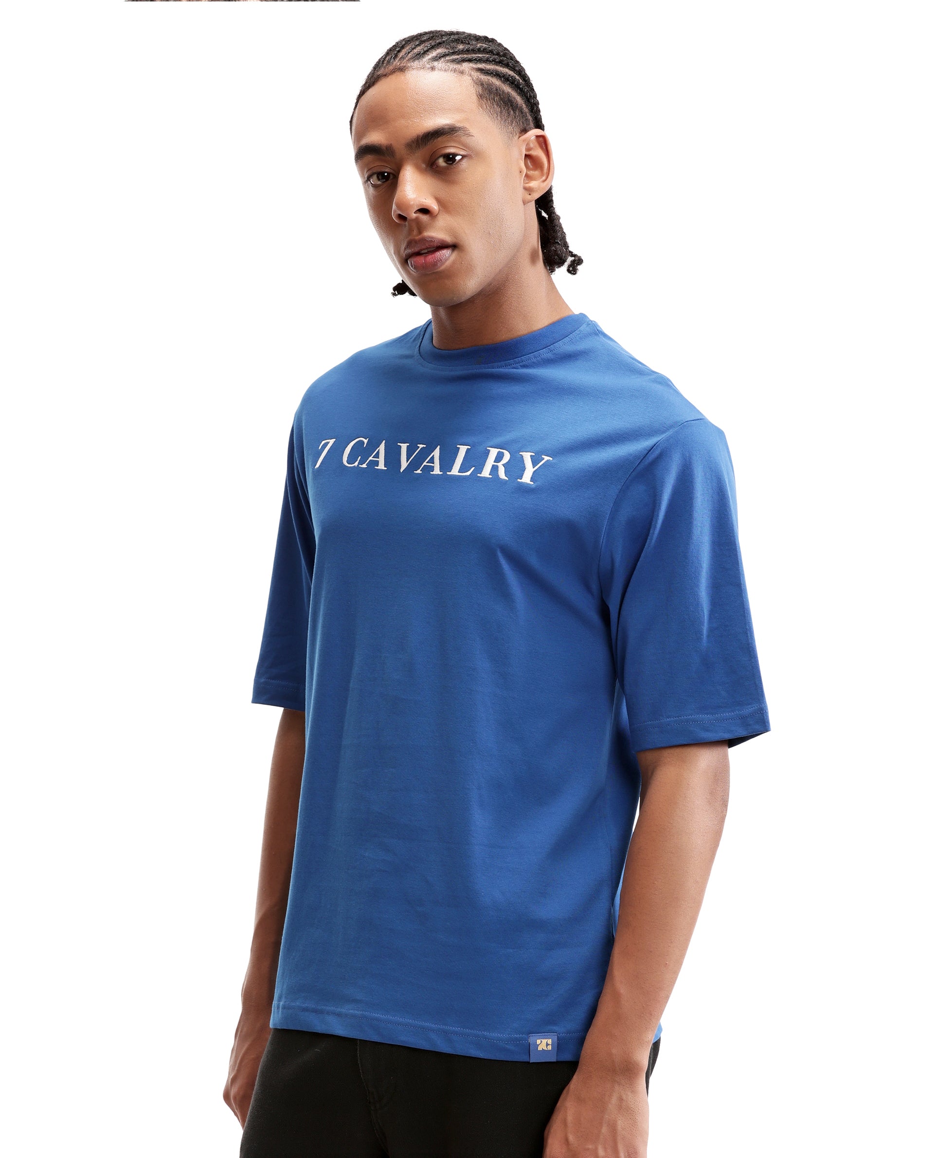 Imperial Prussian Blue Single Jersey Crew Neck Oversized T-Shirt with Pure White Embroidery