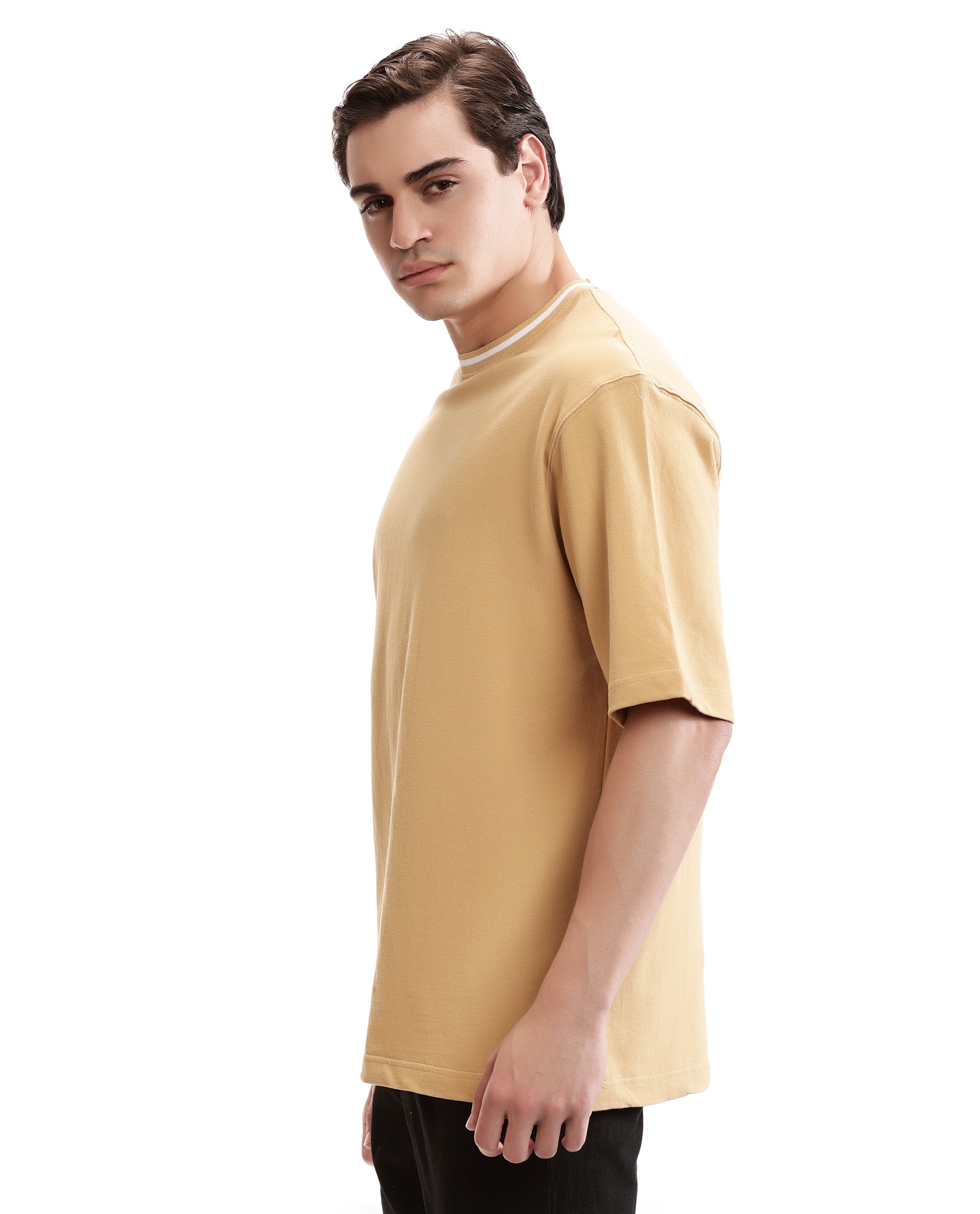 Camel Beige Pique Crew Neck Oversized T-Shirt with Pure White Piping