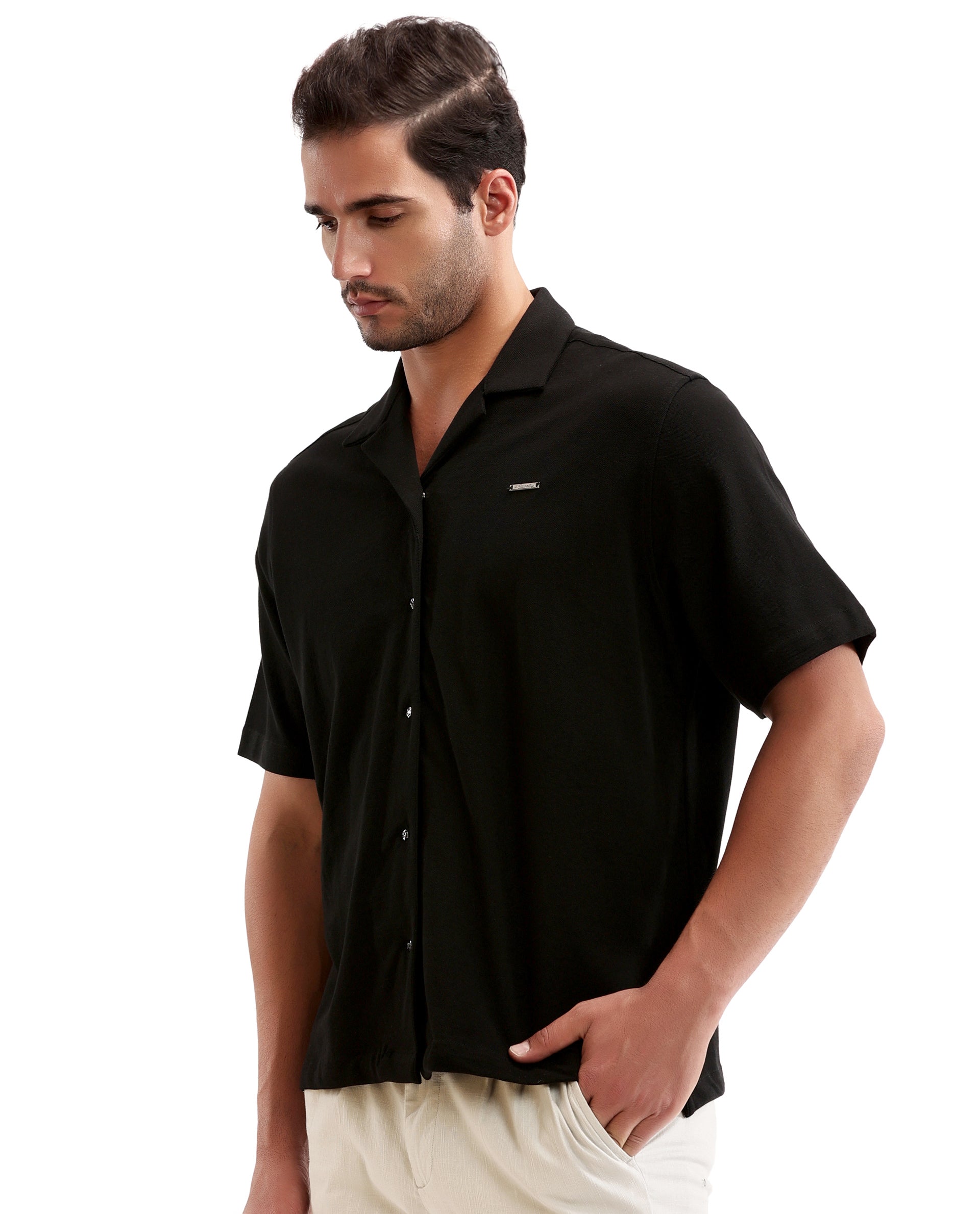 Charcoal Black Pique Knit Shirt with 7C Engraved Snap Buttons, Gun Metal Badge