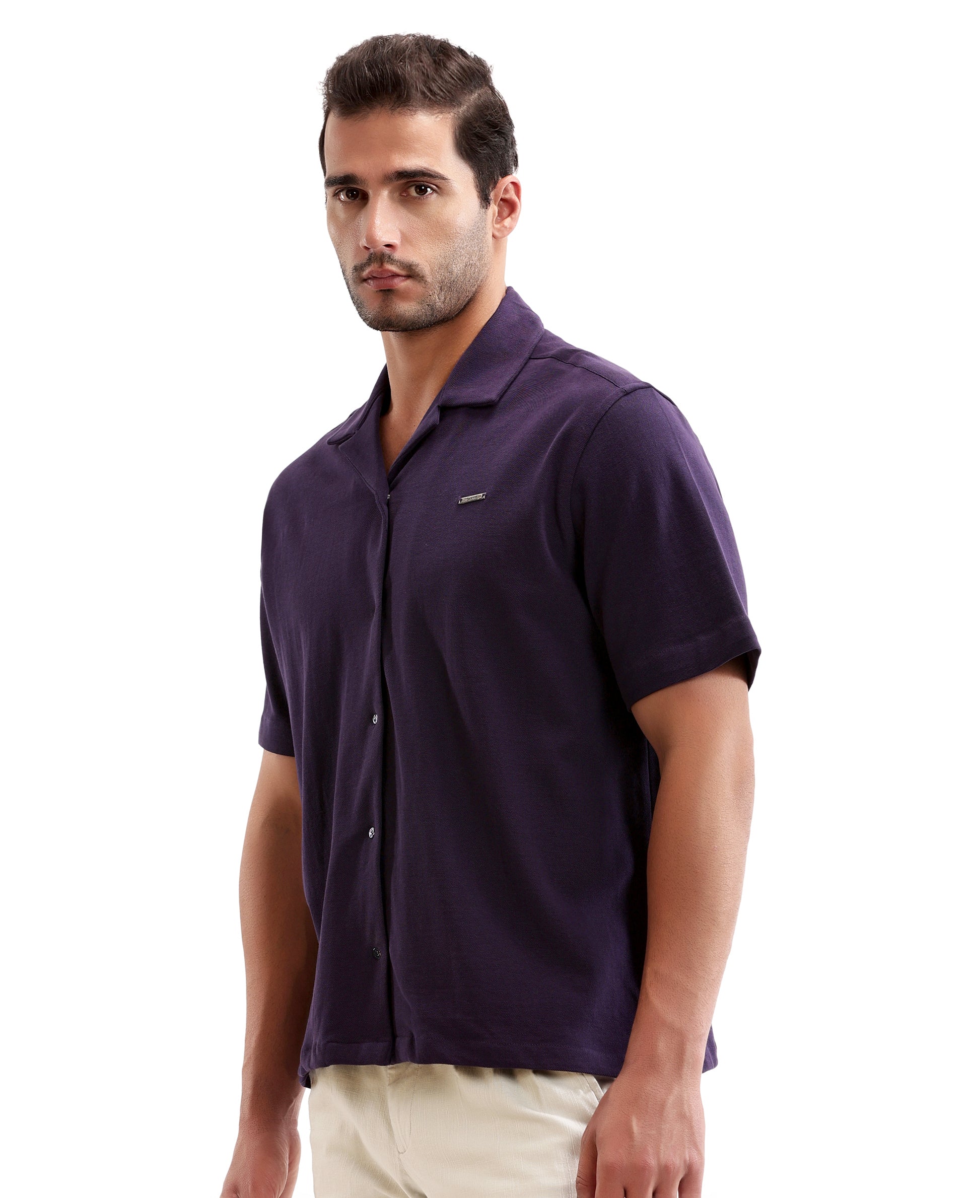 Deep Purple Pique Knit Shirt with 7C Engraved Snap Buttons, Gun Metal Badge