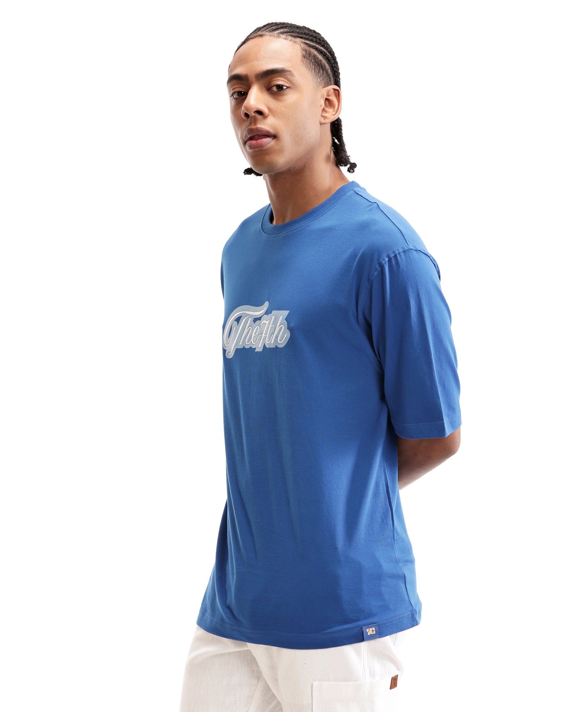 Imperial Prussian Blue Single Jersey Crew Neck Oversized T-Shirt with Light Blue Print & Pure White 7C Embroidery
