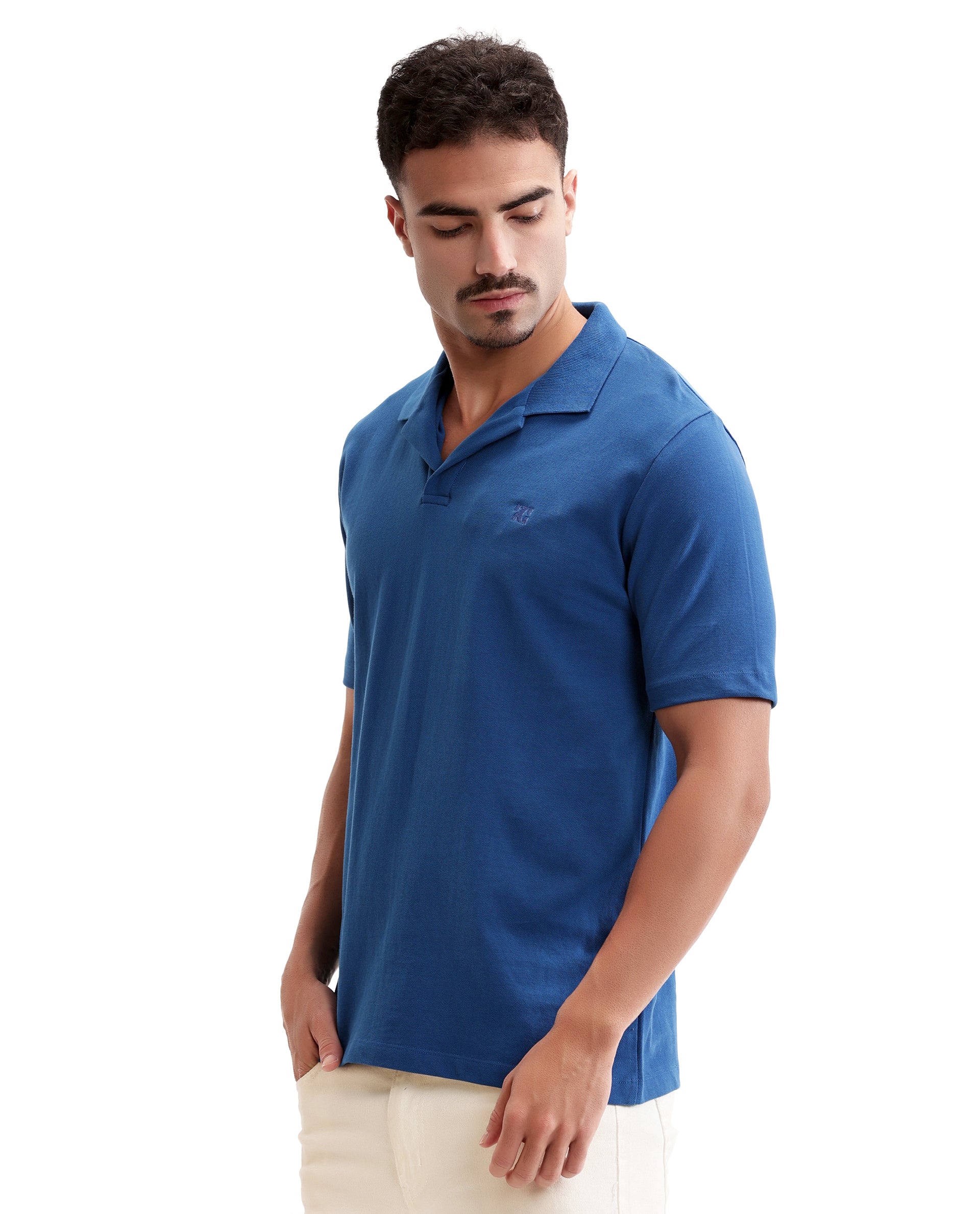 Imperial Prussian Blue Johnny Collar Pique Polo with Tone-on-Tone 7C Embroidery