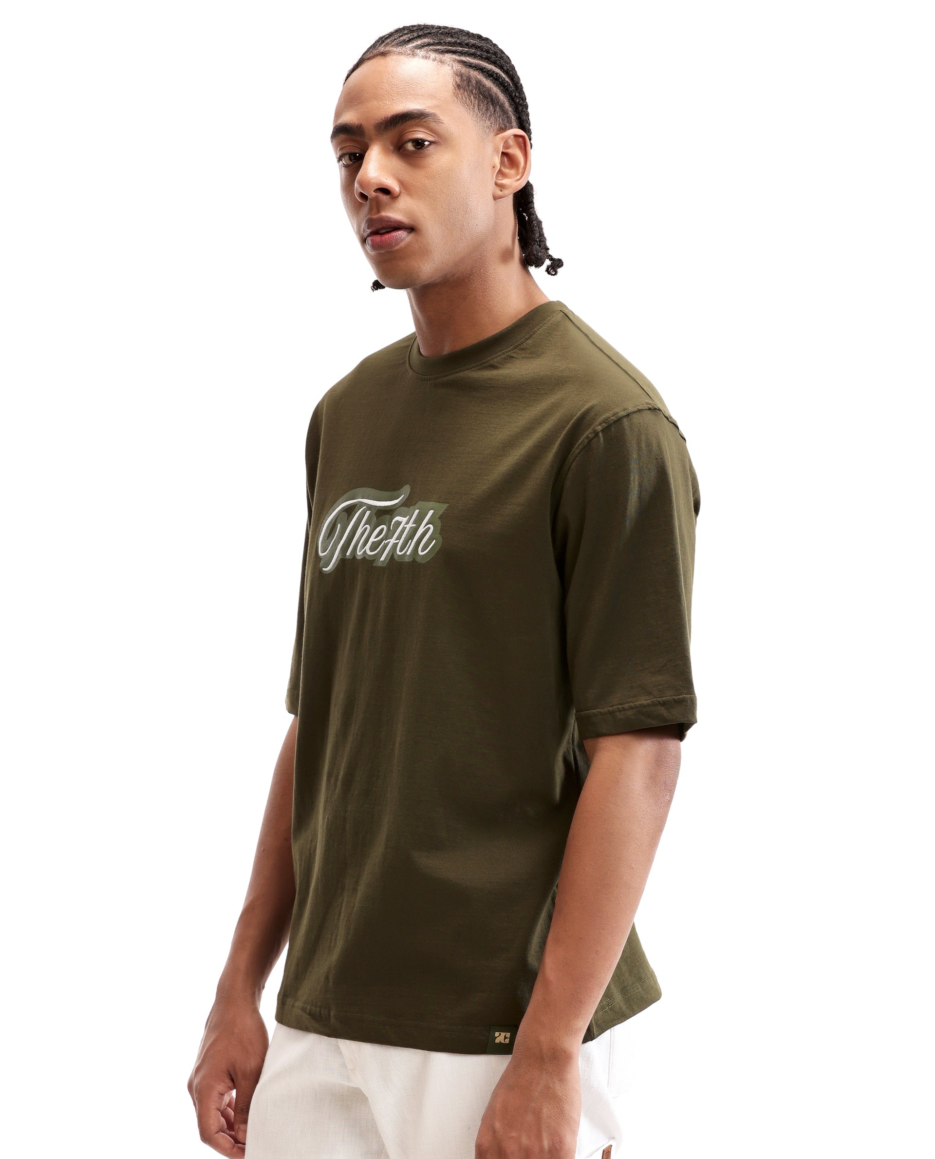 Vintage Olive Single Jersey Crew Neck Oversized T-Shirt with Light Olive Print & Pure White 7C Embroidery