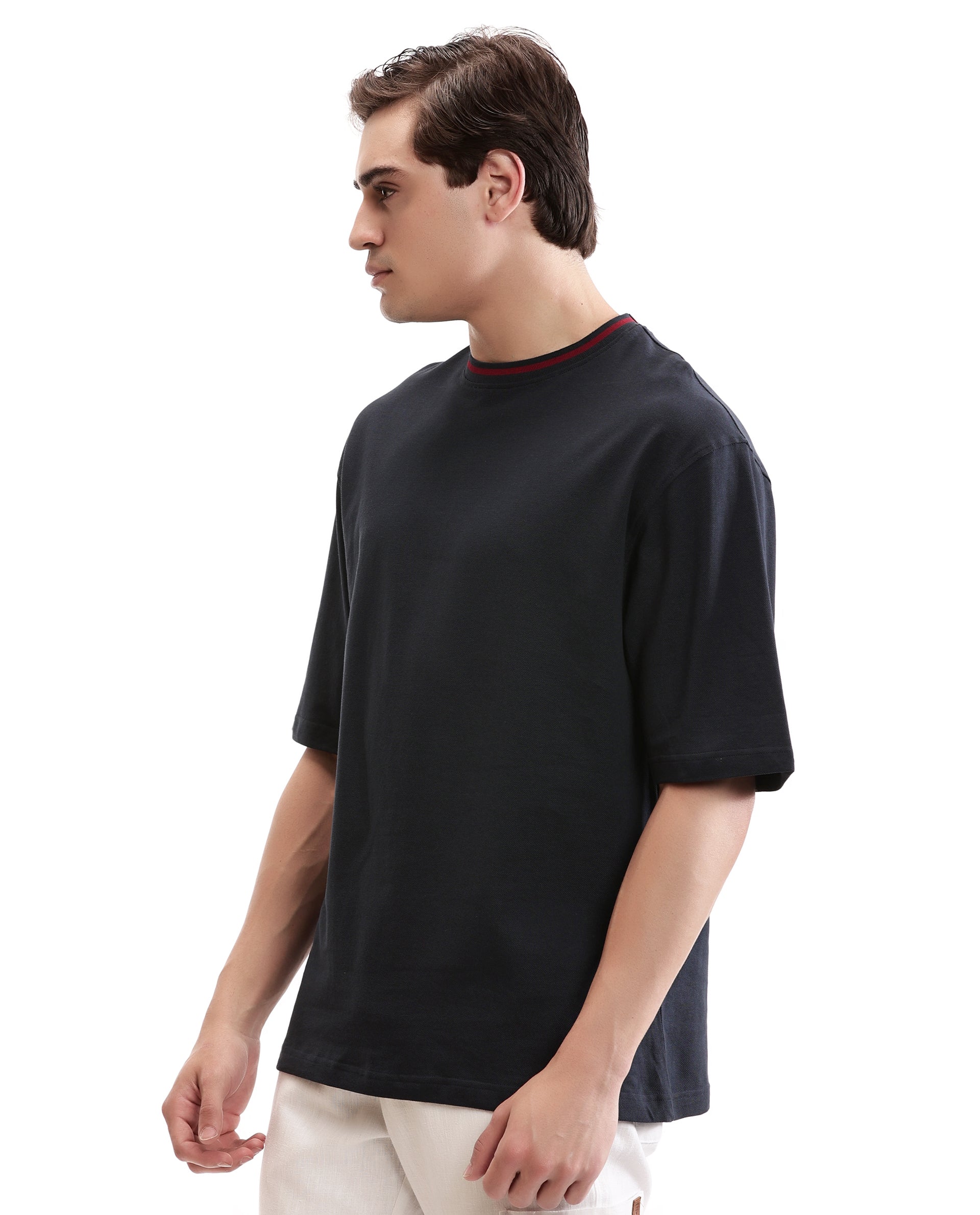 Midnight Navy Blue Pique Crew Neck Oversized T-Shirt with Bordeaux Maroon Piping