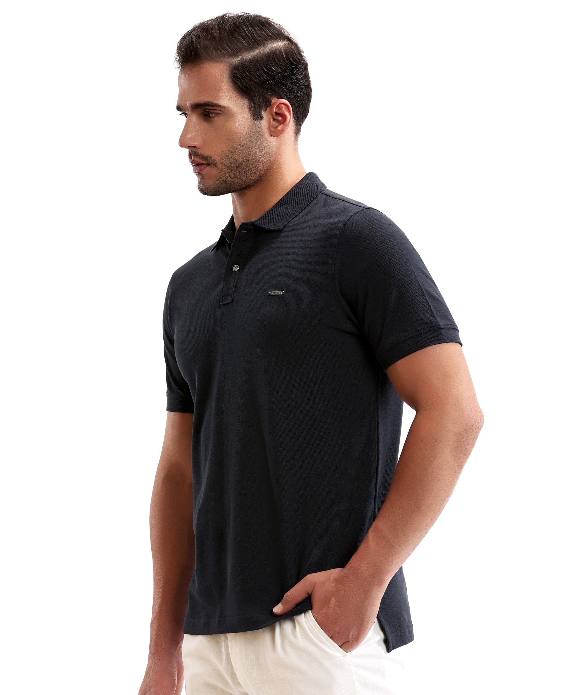 Midnight Navy Blue Pique Polo with Metal Buttons, 7C Metal Badge