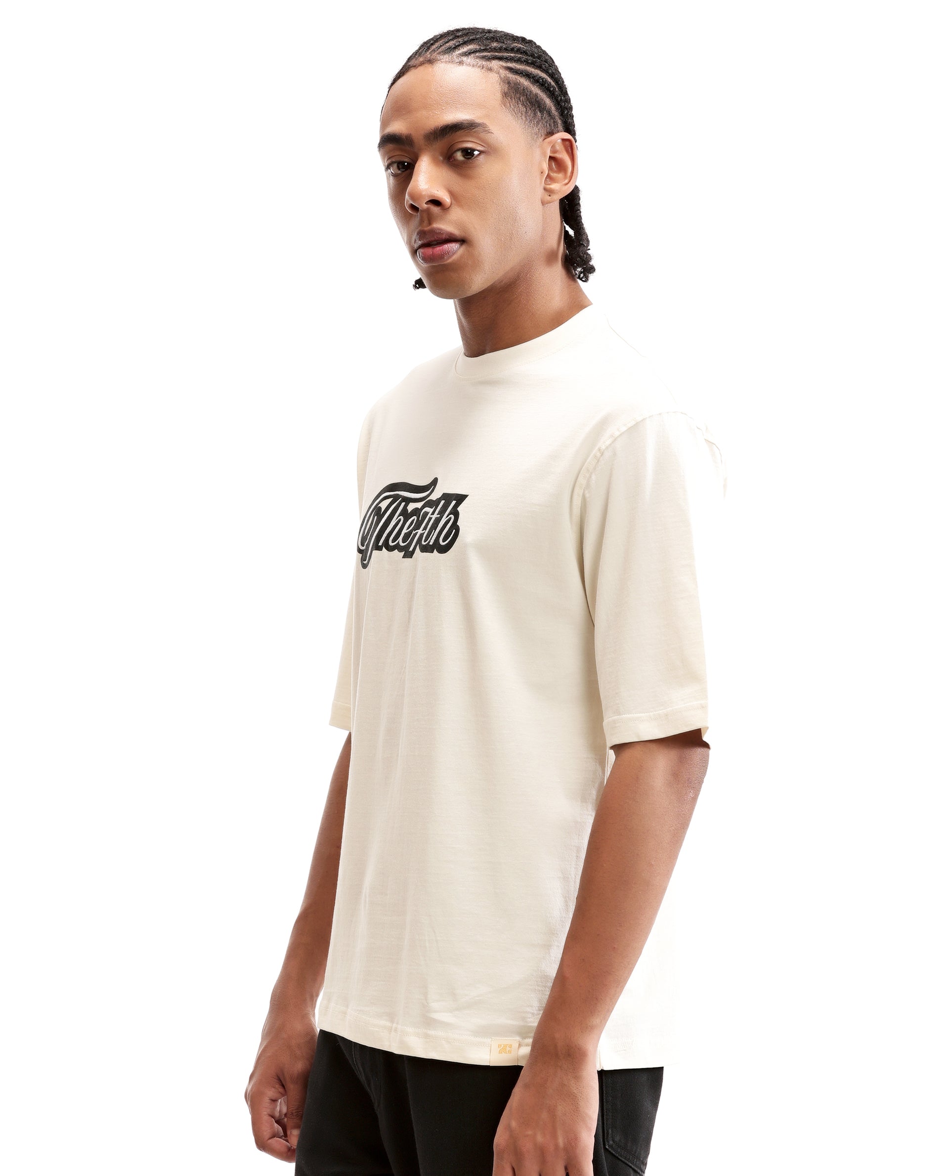 Ivory White Single Jersey Crew Neck Oversized T-Shirt with Black Print & Pure White 7C Embroidery
