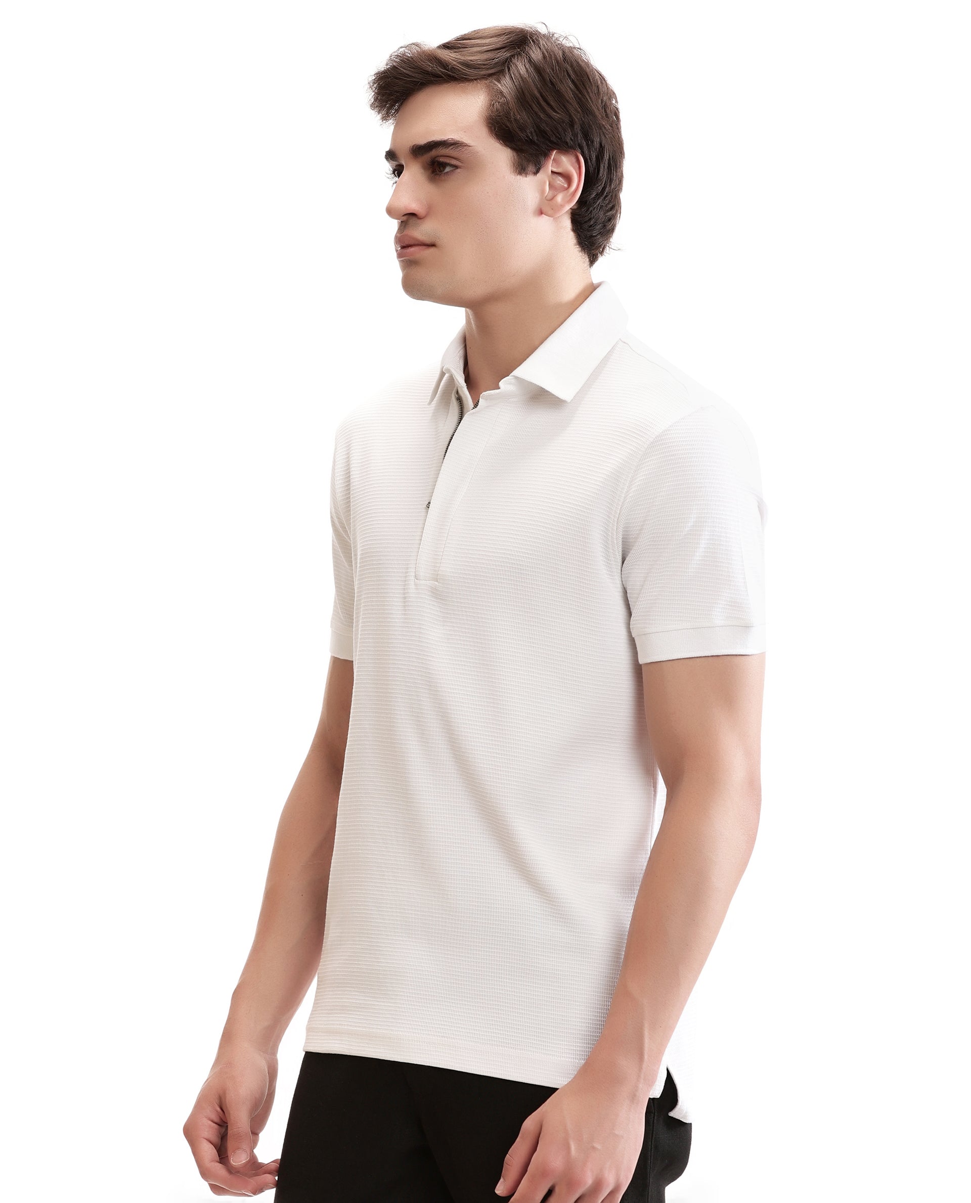 Pure White Knitted Waffle Polo with 7C Metal Zip