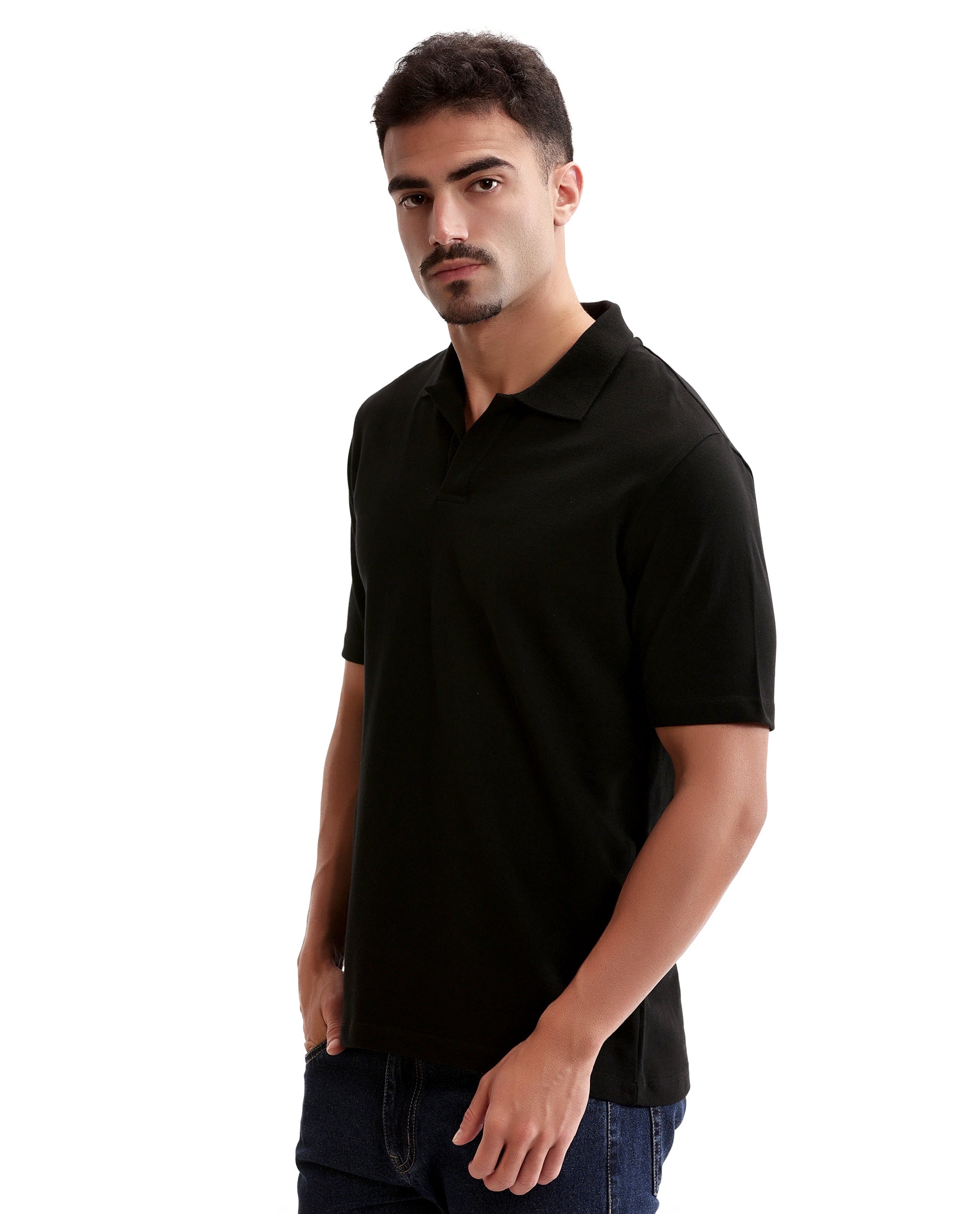 Charcoal Black Pique Johnny Collar Polo