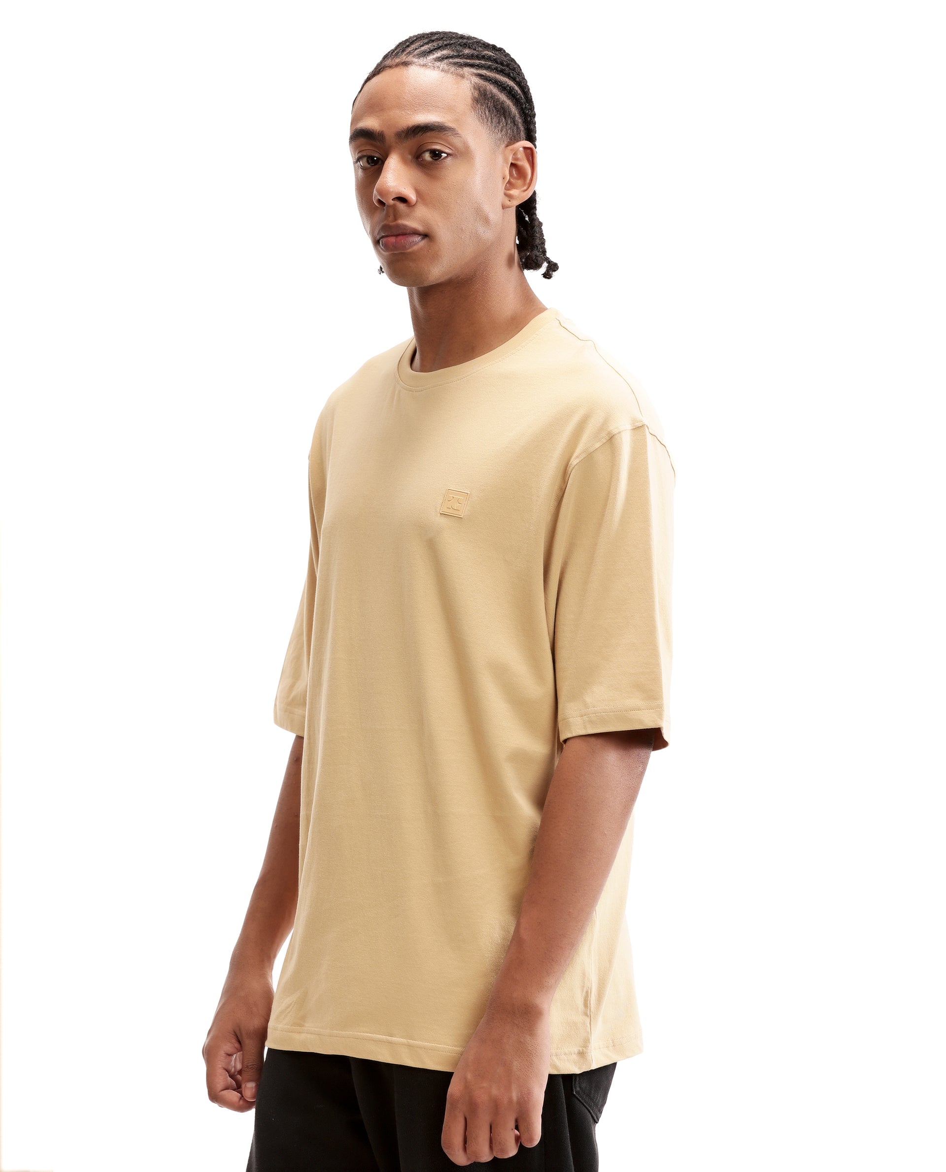 Camel Beige Single Jersey Crew Neck Oversized T-Shirt with 7C Premium Rubber Badge