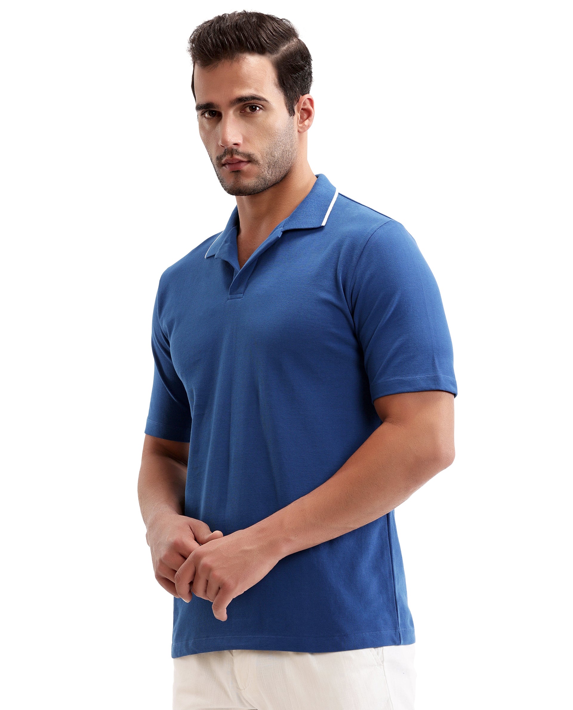 Prussian Blue Johnny Collar Polo with White Collar Piping