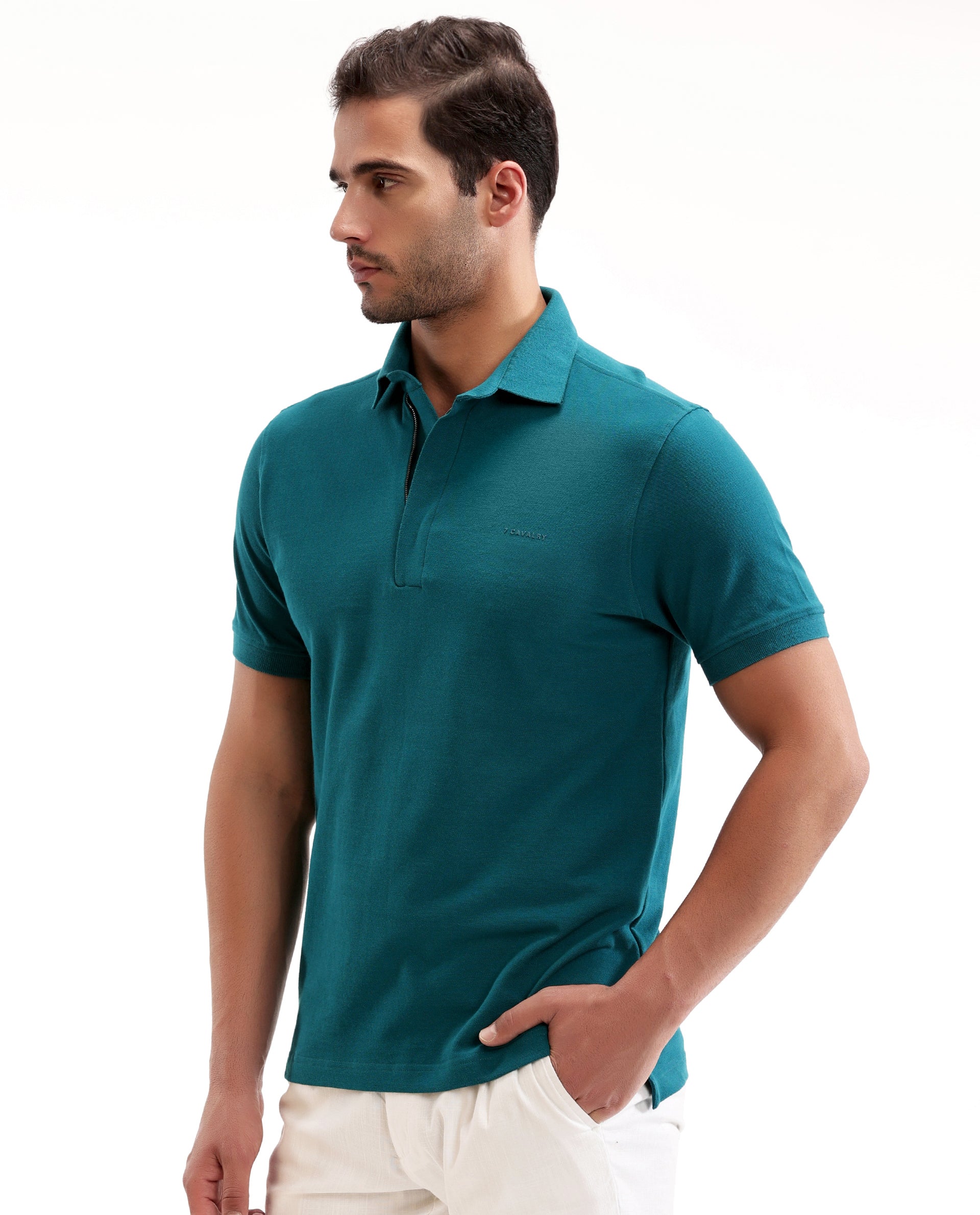 Ocean Teal Pique Polo with Concealed 7C Metal Zip, HD Print
