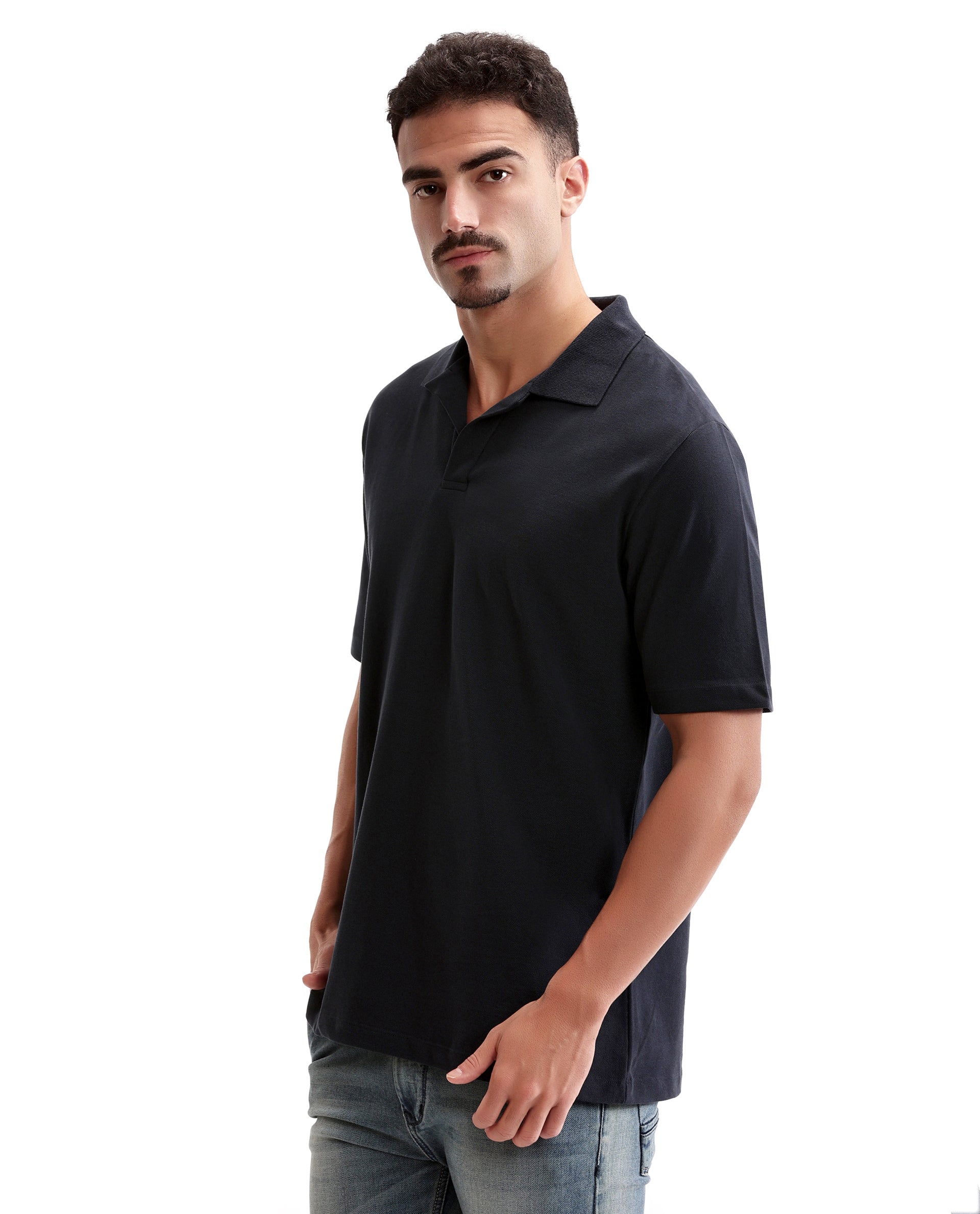 Midnight Navy Blue Pique Johnny Collar Polo