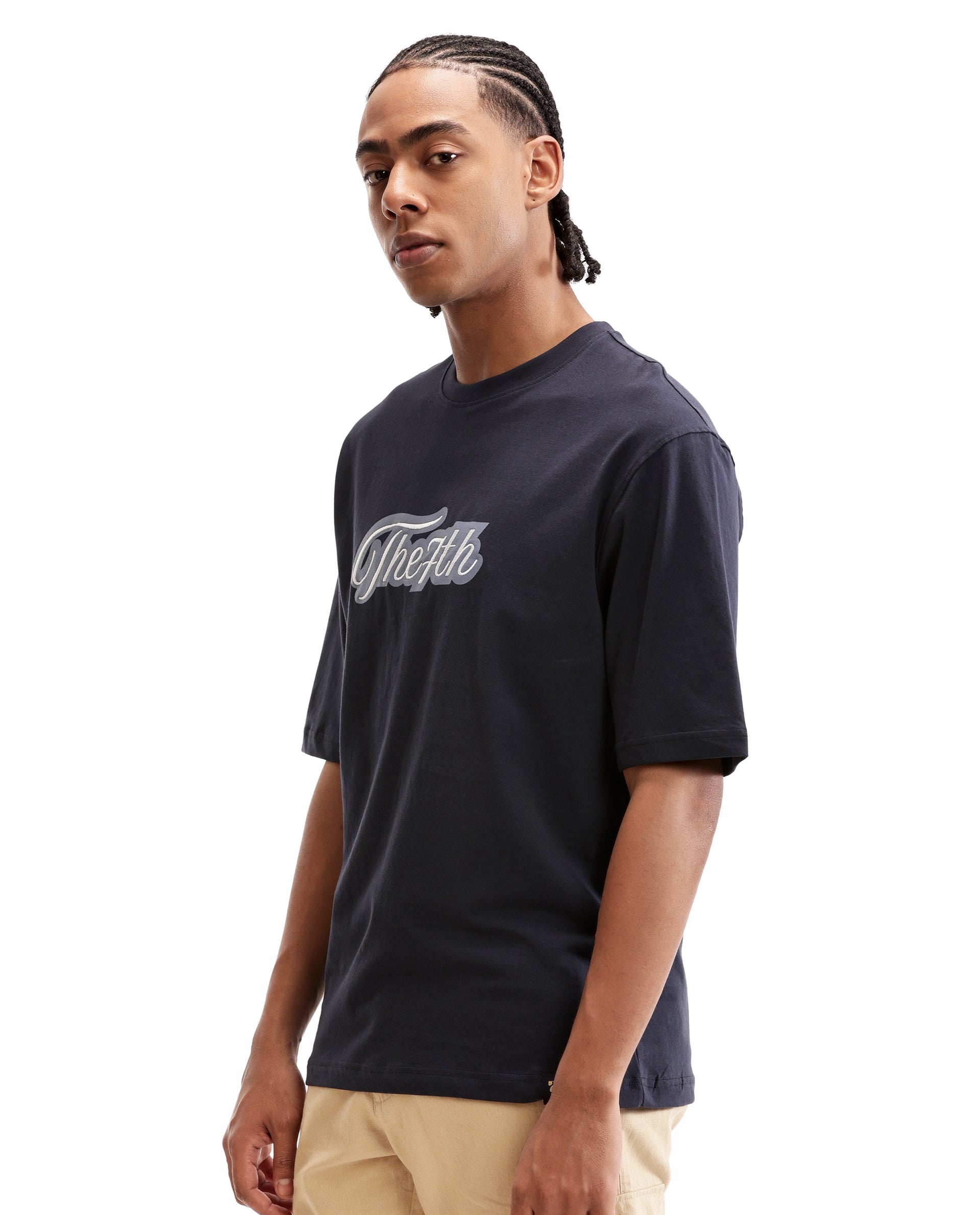Midnight Navy Blue Single Jersey Crew Neck Oversized T-Shirt with Light Blue Print & Pure White 7C Embroidery