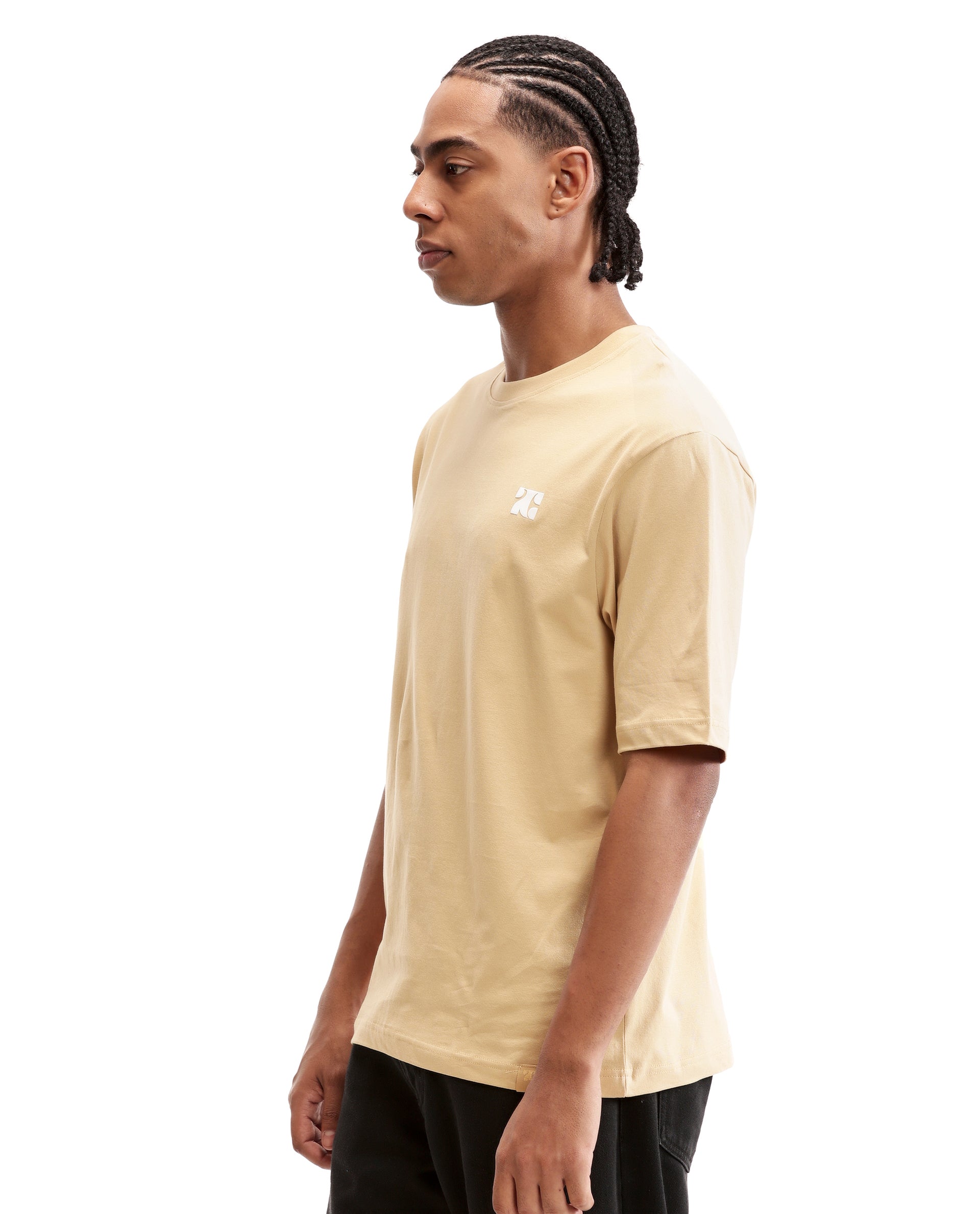 Camel Beige Single Jersey Crew Neck Oversized T-Shirt with Pure White HD Print