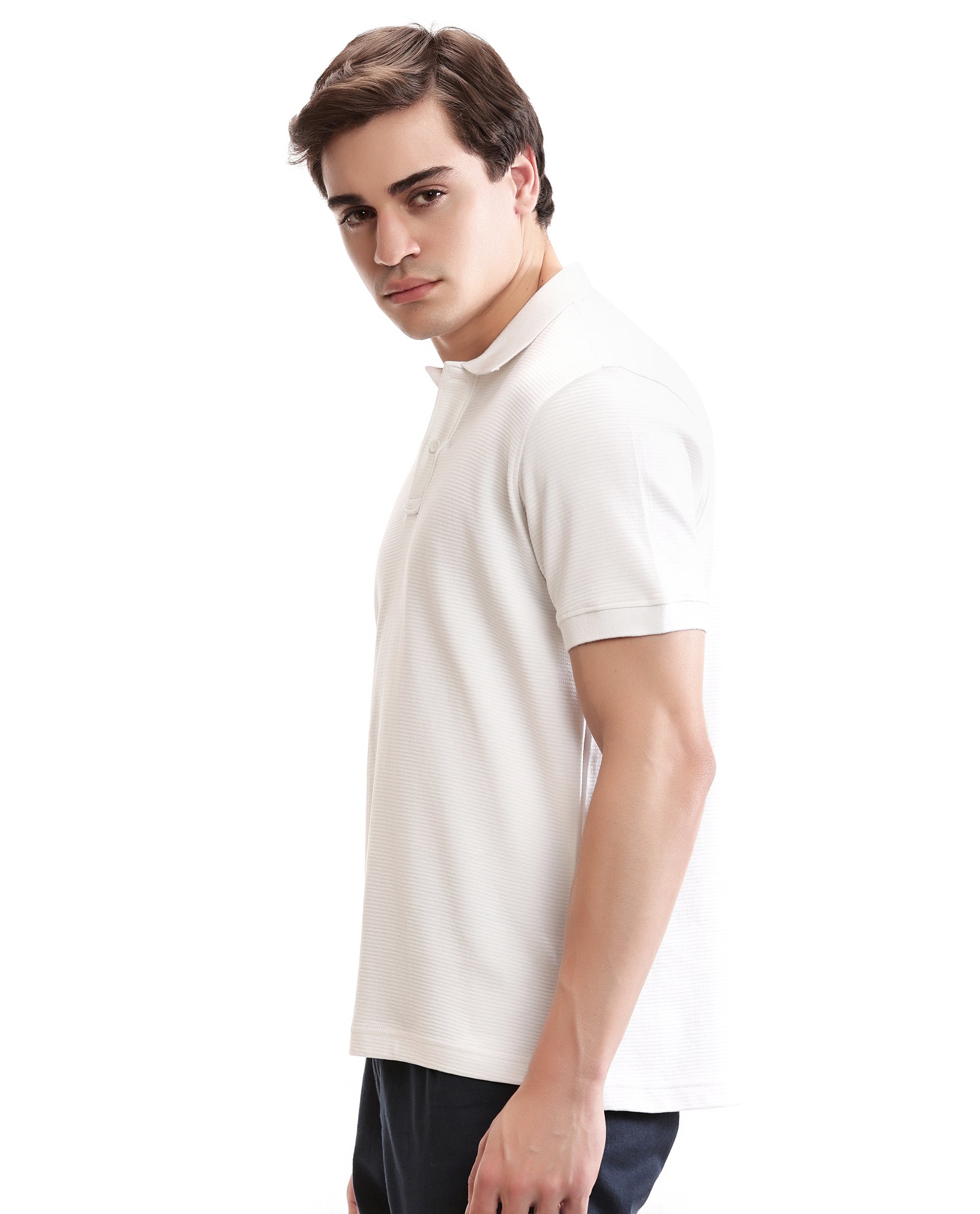 Pure White Knitted Ottoman Polo with Ribbed Collar