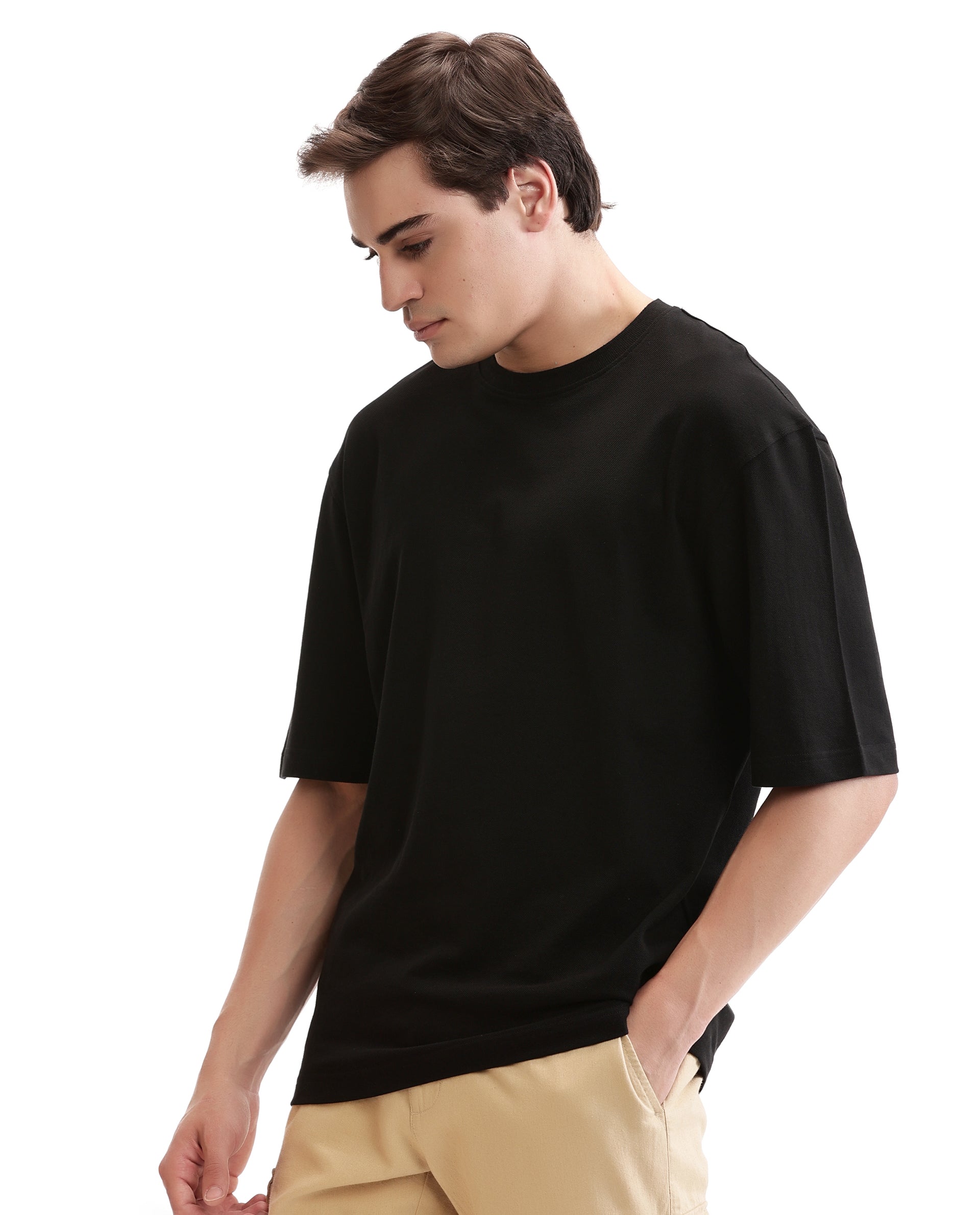 Charcoal Black Pique Crew Neck Oversized T-Shirt