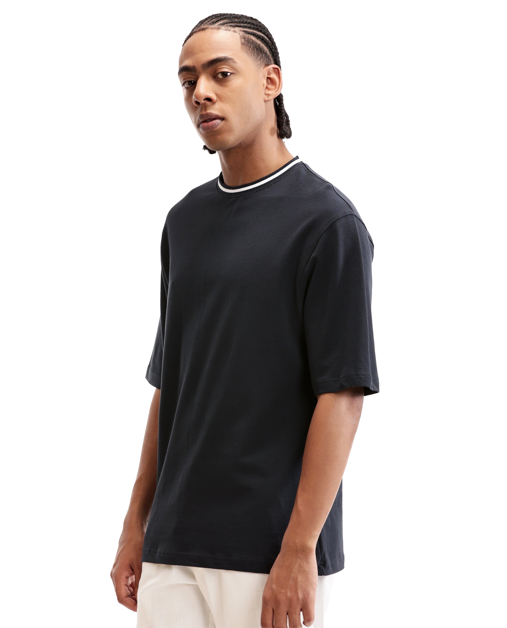 Midnight Navy Blue Pique Crew Neck Oversized T-Shirt with Pure White Piping